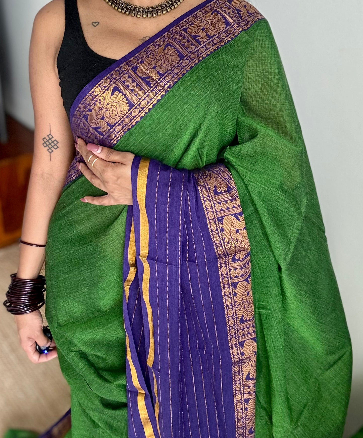 Green with blue border, premium narayanpet soft cotton - YCWOTDAUG09