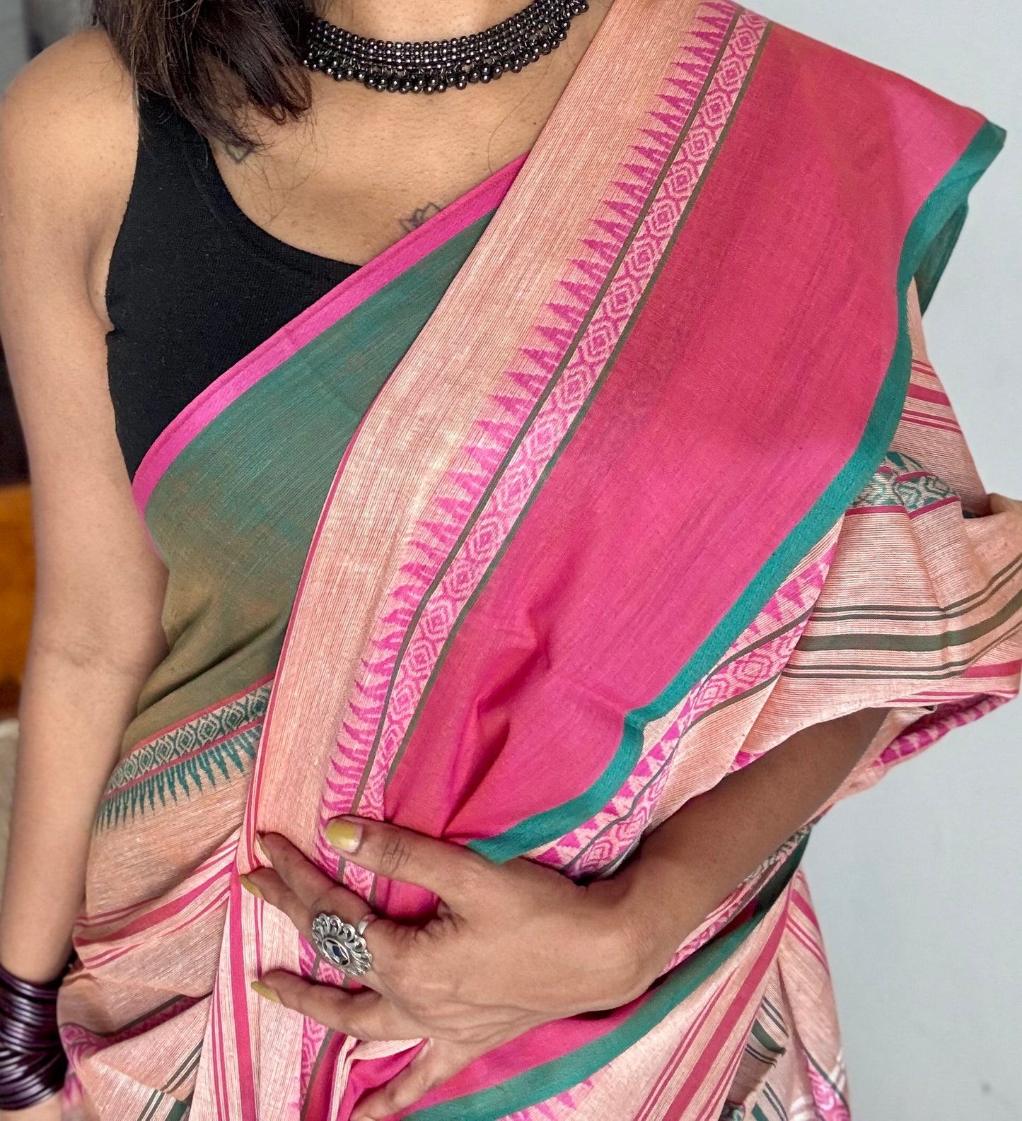 Dhonekhali handloom soft cotton saree, salmon pink with bright pink and dark turquoise woven stripes - YCBCDFE266