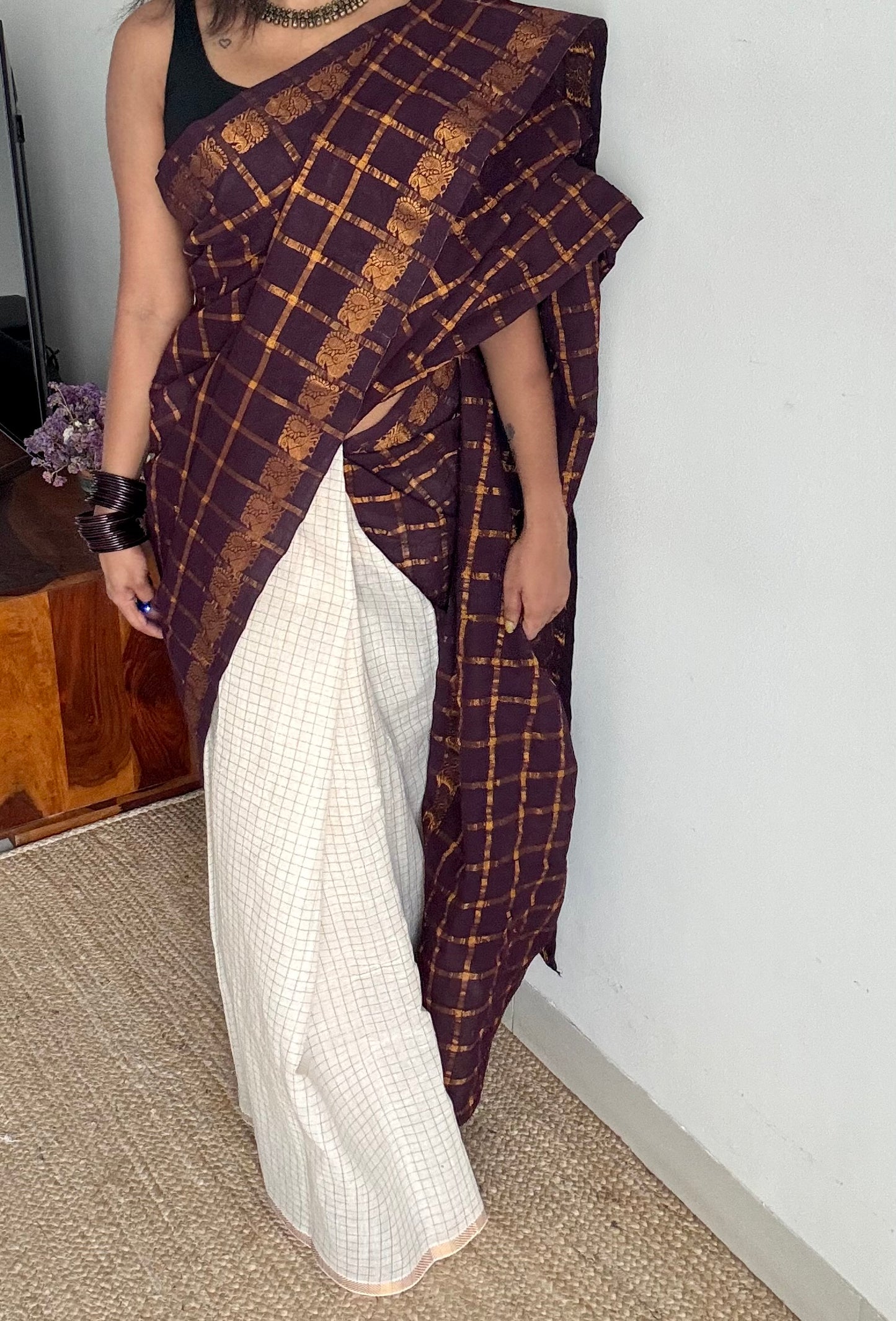 Brown with ivory, sungudi cotton half-half saree - YCCOTNMSFE370