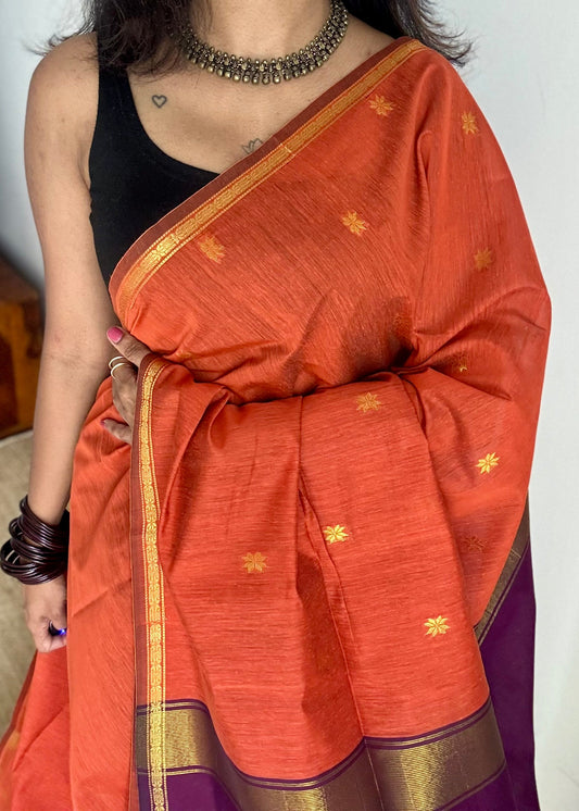 Orange with purple pink (vadamalli), gold buttas, semi maheshwari cotton silk - YCCOTNFEJUSM02