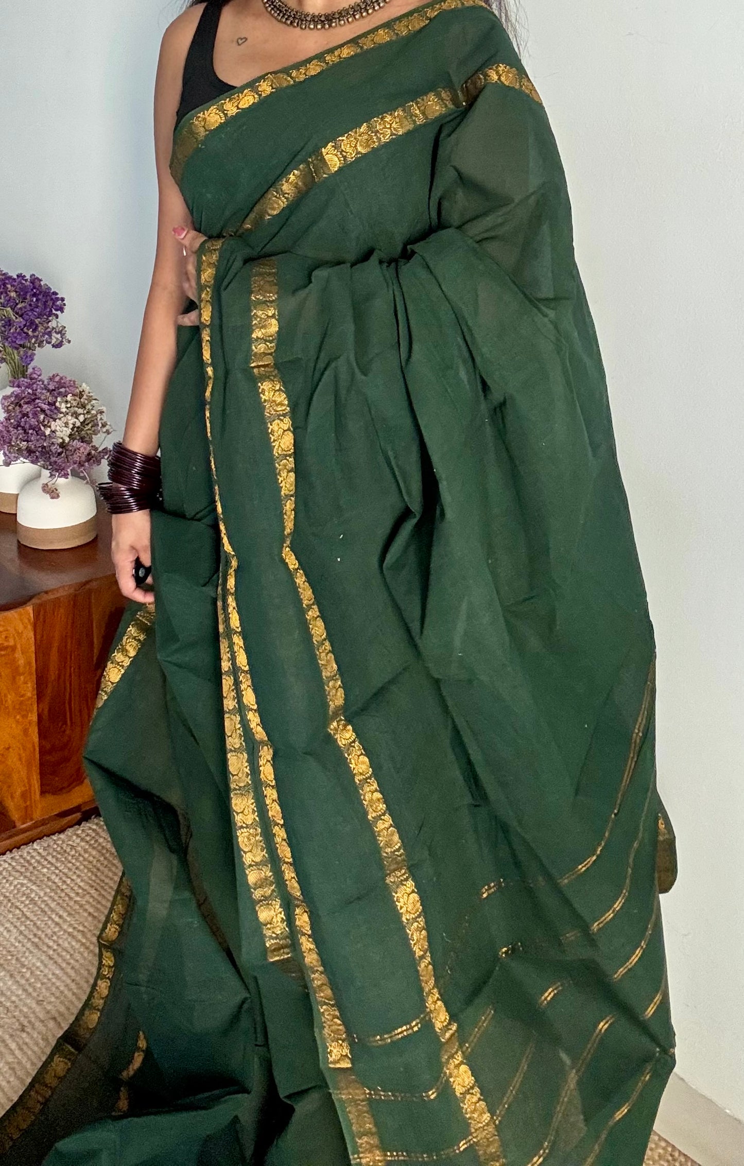 Dark green rettaipettu peacock double bordered, kattuchayam dyed madurai cotton saree - YCCOTNMA255