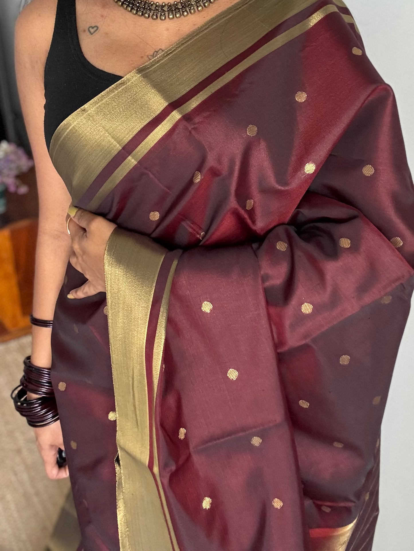 Maroon with antique gold border & buttas, semi katan silk - YCBLSSJA17
