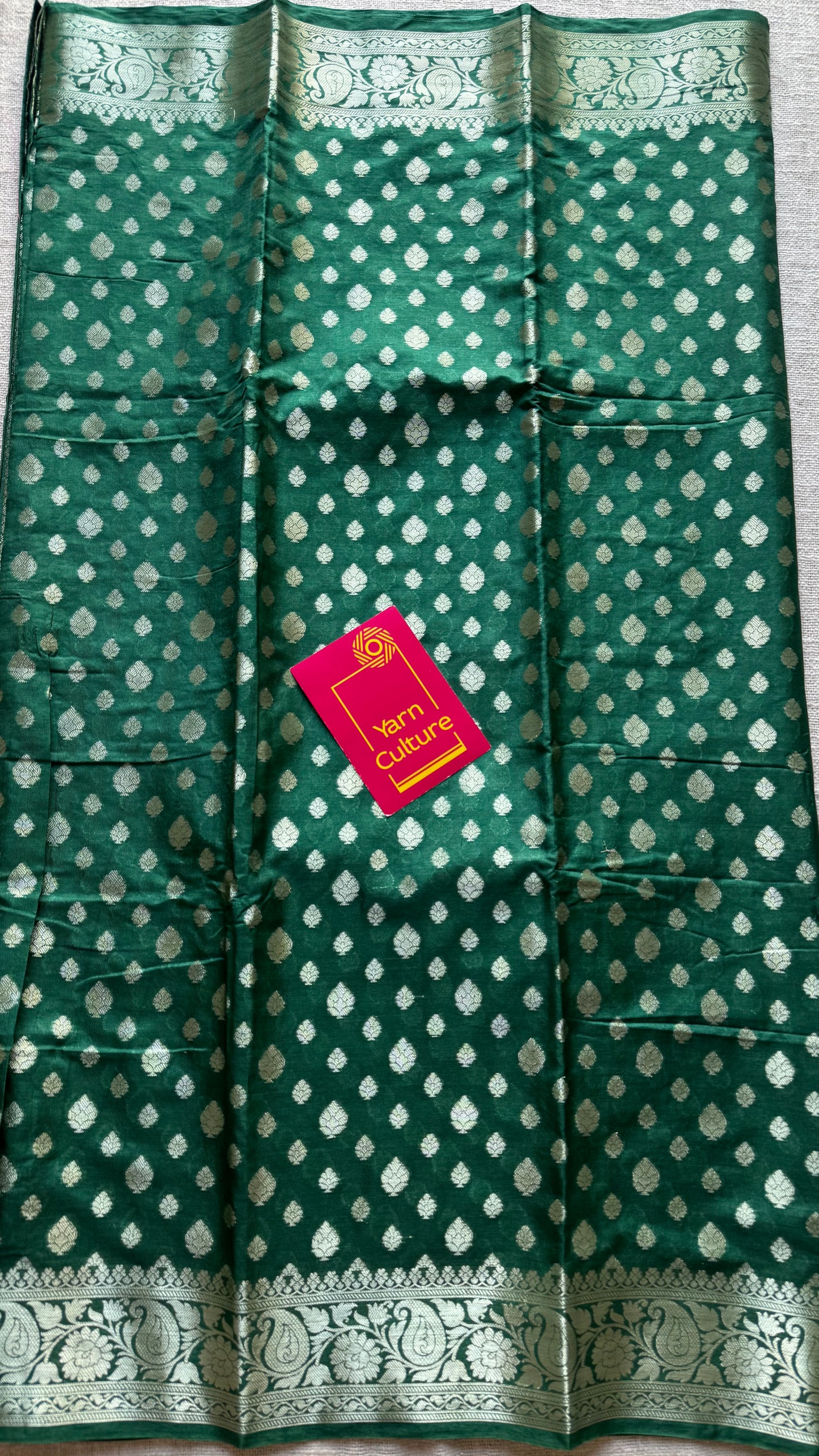 Bottle green, silver buttas and zari, Banarasi semi-silk - YCDESE40