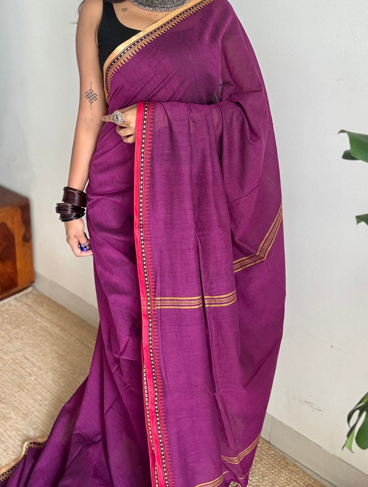 Handloom Bengal soft cotton saree, purple pink with cream and red woven dual tone borders - YCBCMCSE40