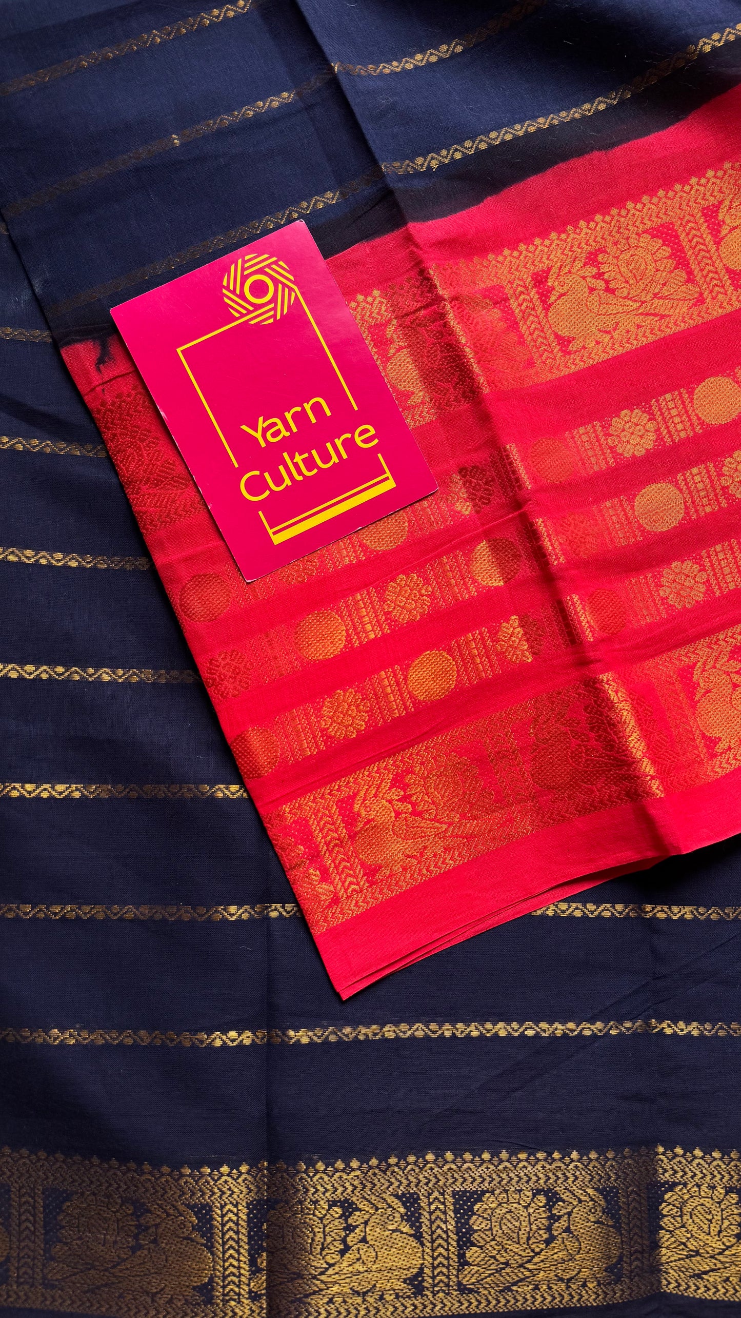 Dark blue, bright red, peacock rudraksham motif, single side broad zari - madurai kattuchayam dyed - YCCOTNAURS15