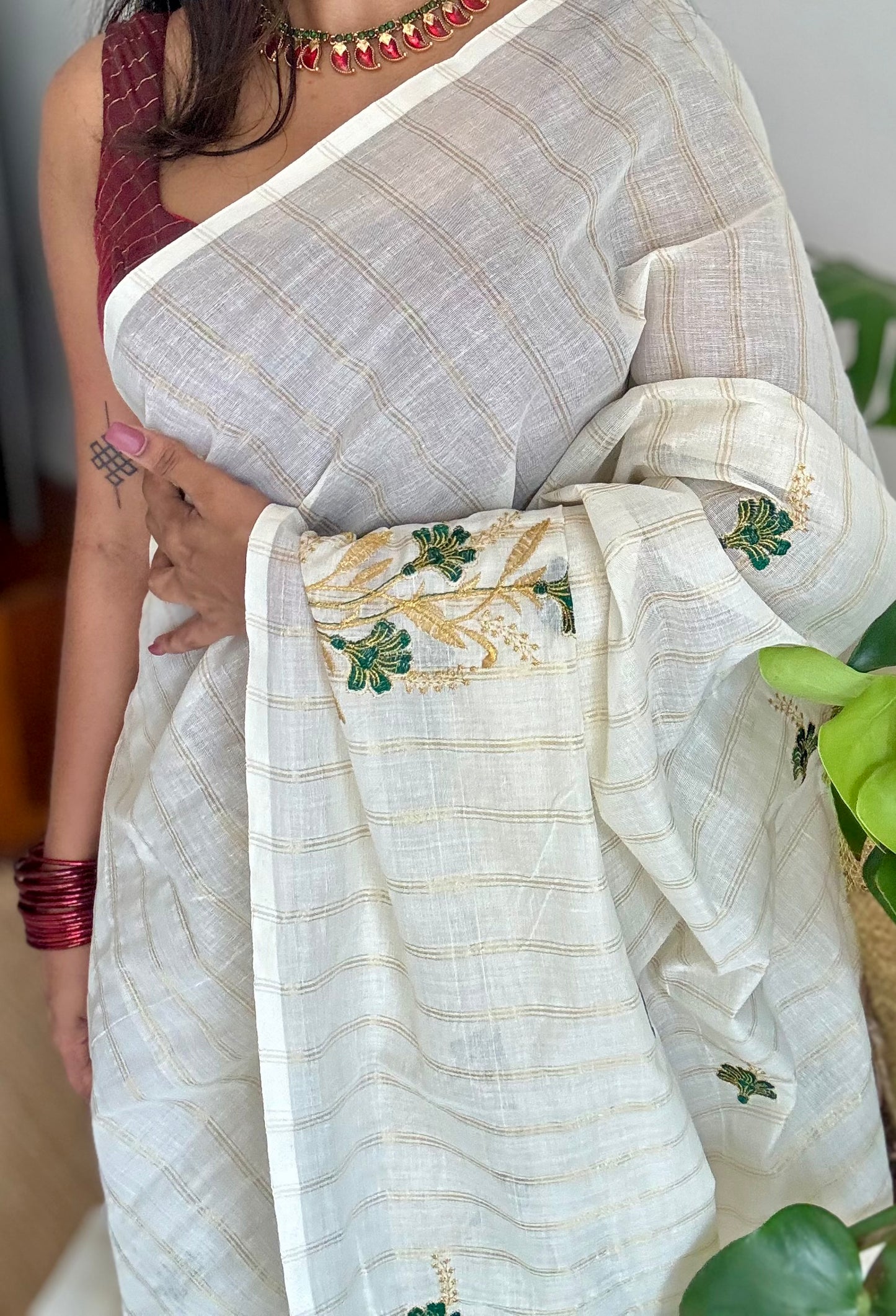 Ivory and gold soft cotton saree, dark green floral embroidery  - YCIEON51