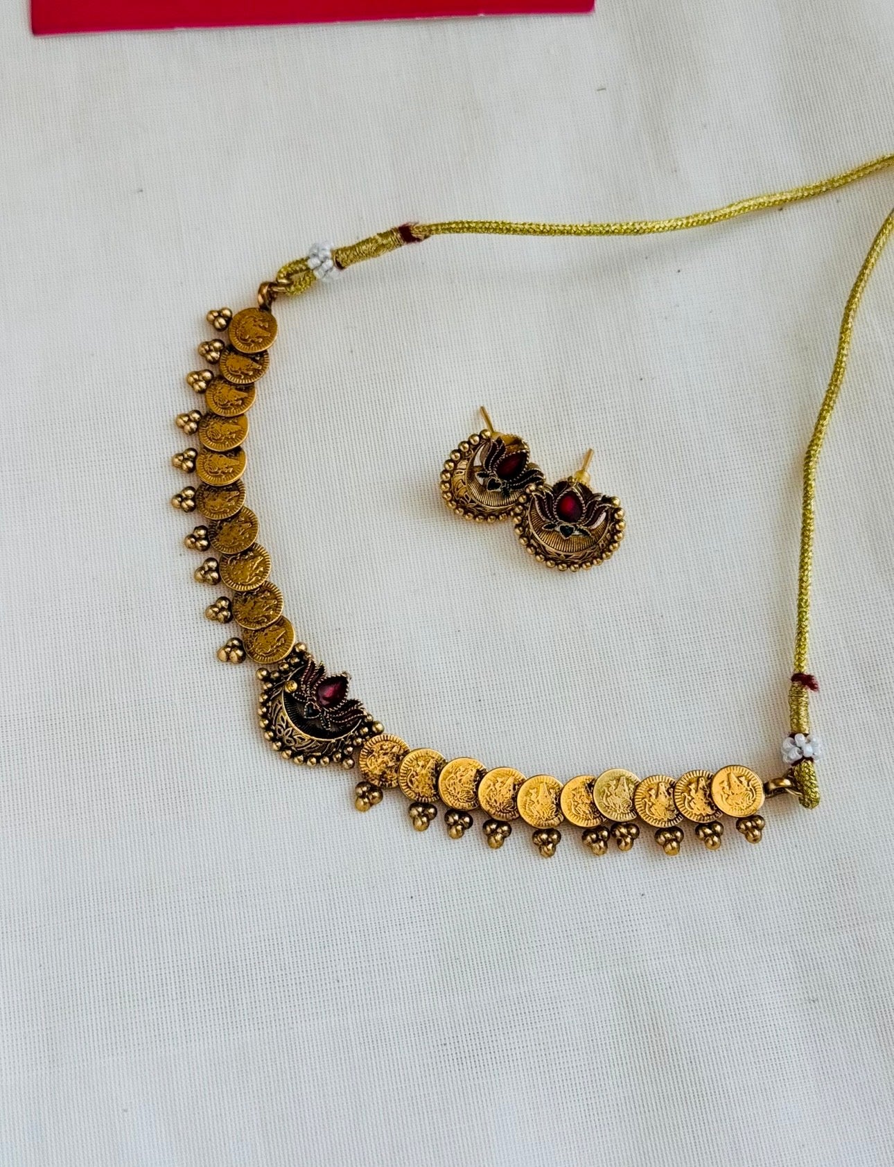 Coin necklace with red lotus pendant, with earrings - YCGPNP777