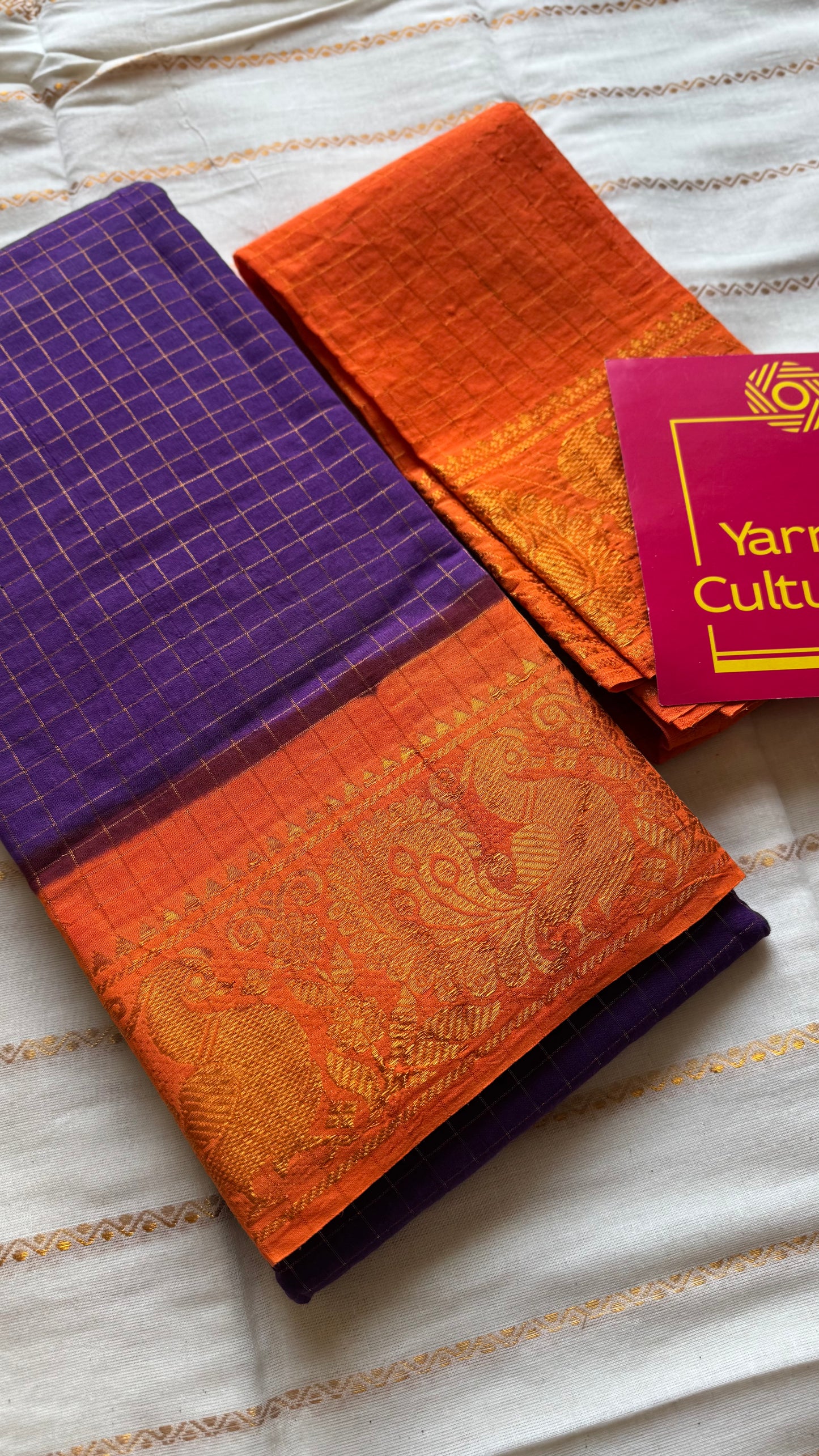 Purple with orange contrast zari checkered sungudi, kattuchayam dyed madurai cotton - YCCOTNMSAP195