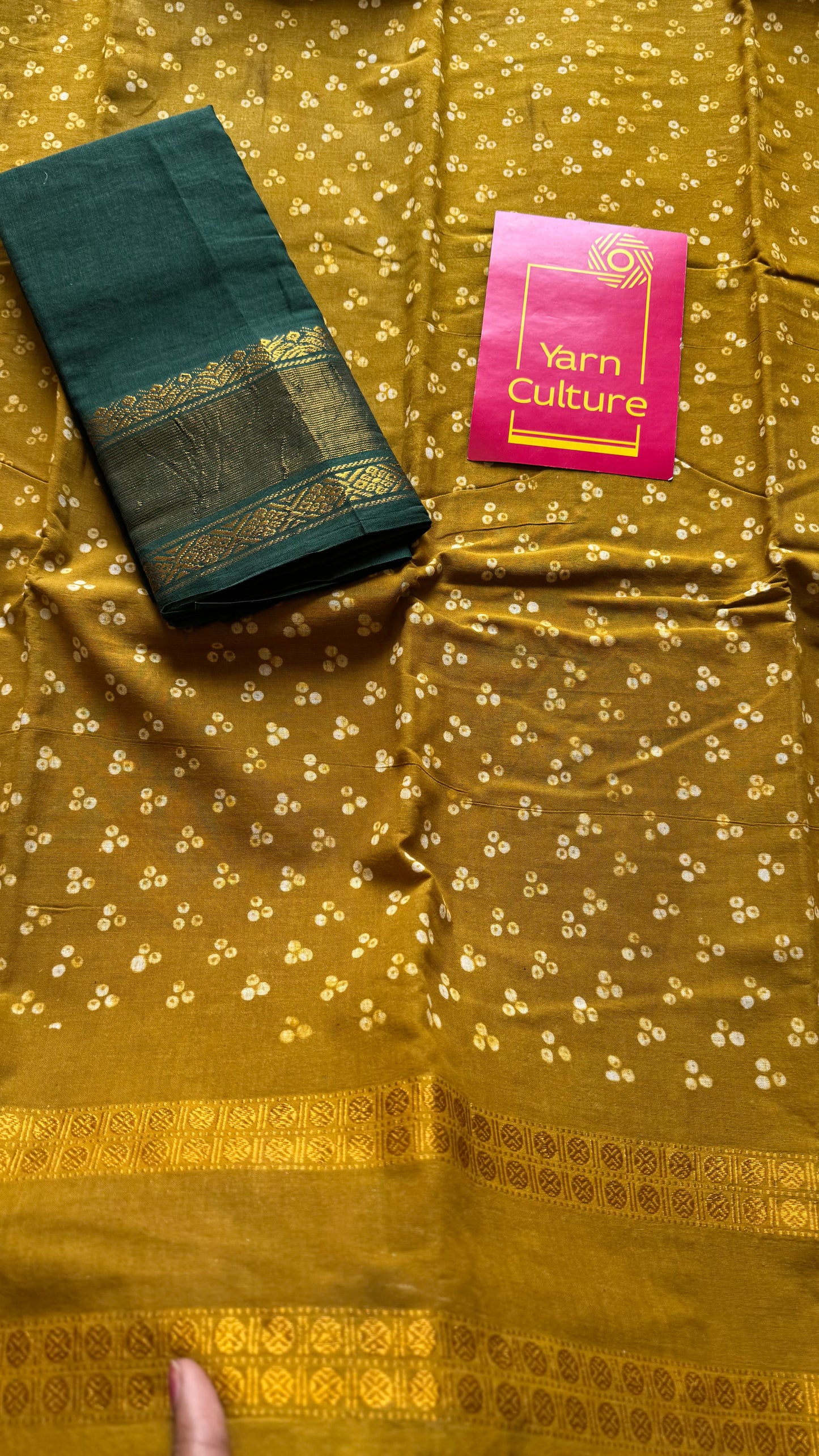 Ginger/mehendi green, wax dot printed sungudi, kattuchayam dyed madurai cotton - YCCOTNMSAP150