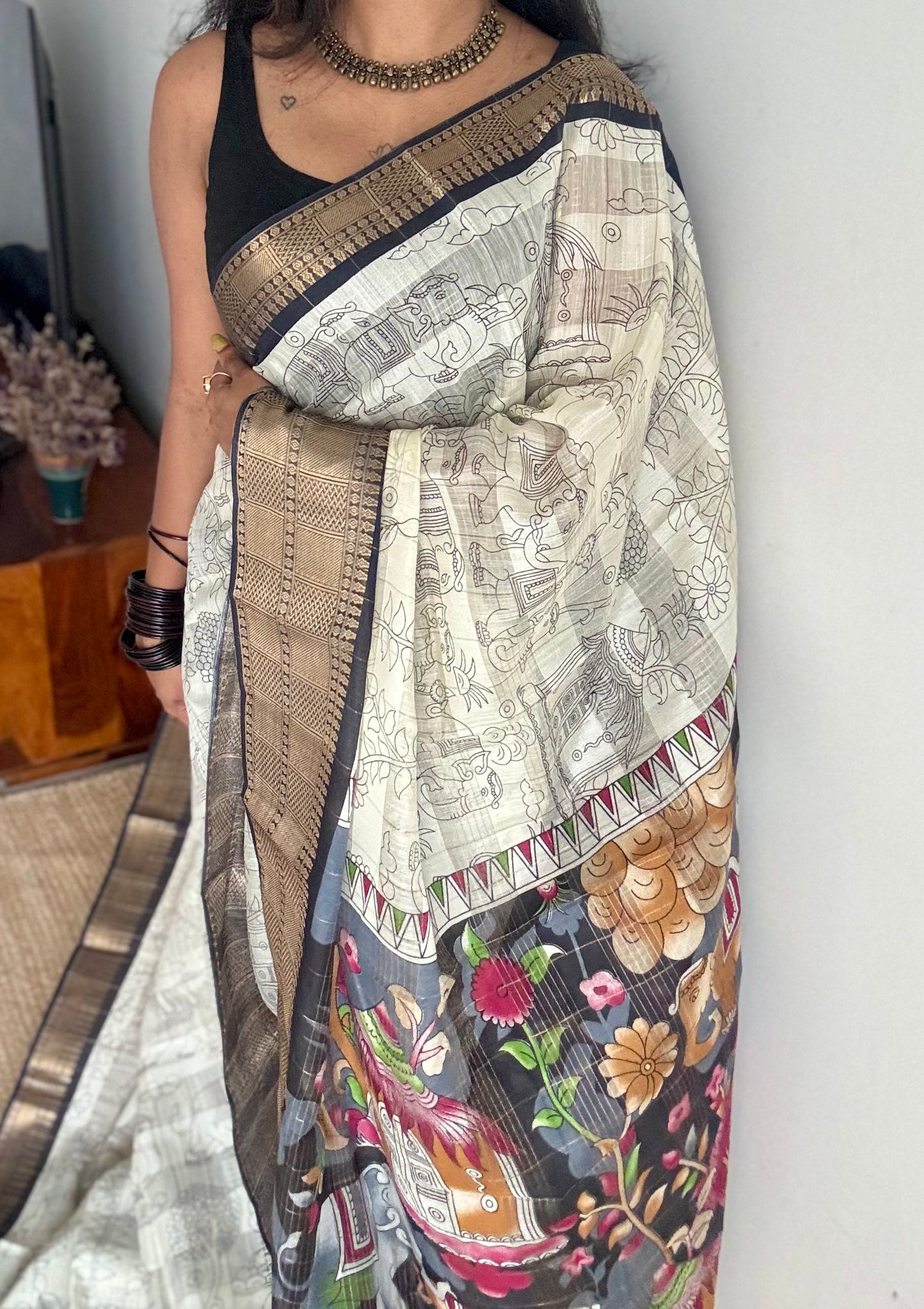 Off white and black, printed kalamkari, semi-tussar - YCWOTDSTK08