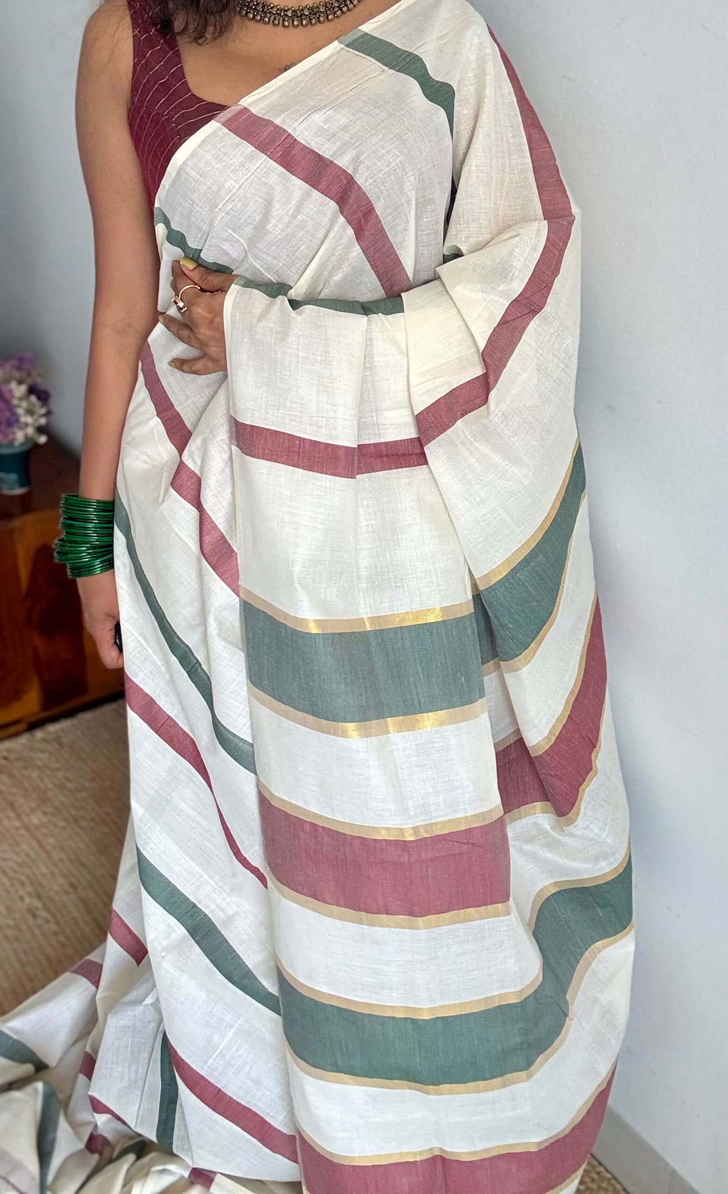 Ivory Kerala cotton saree with maroon and green stripes - YCIEKCFE307