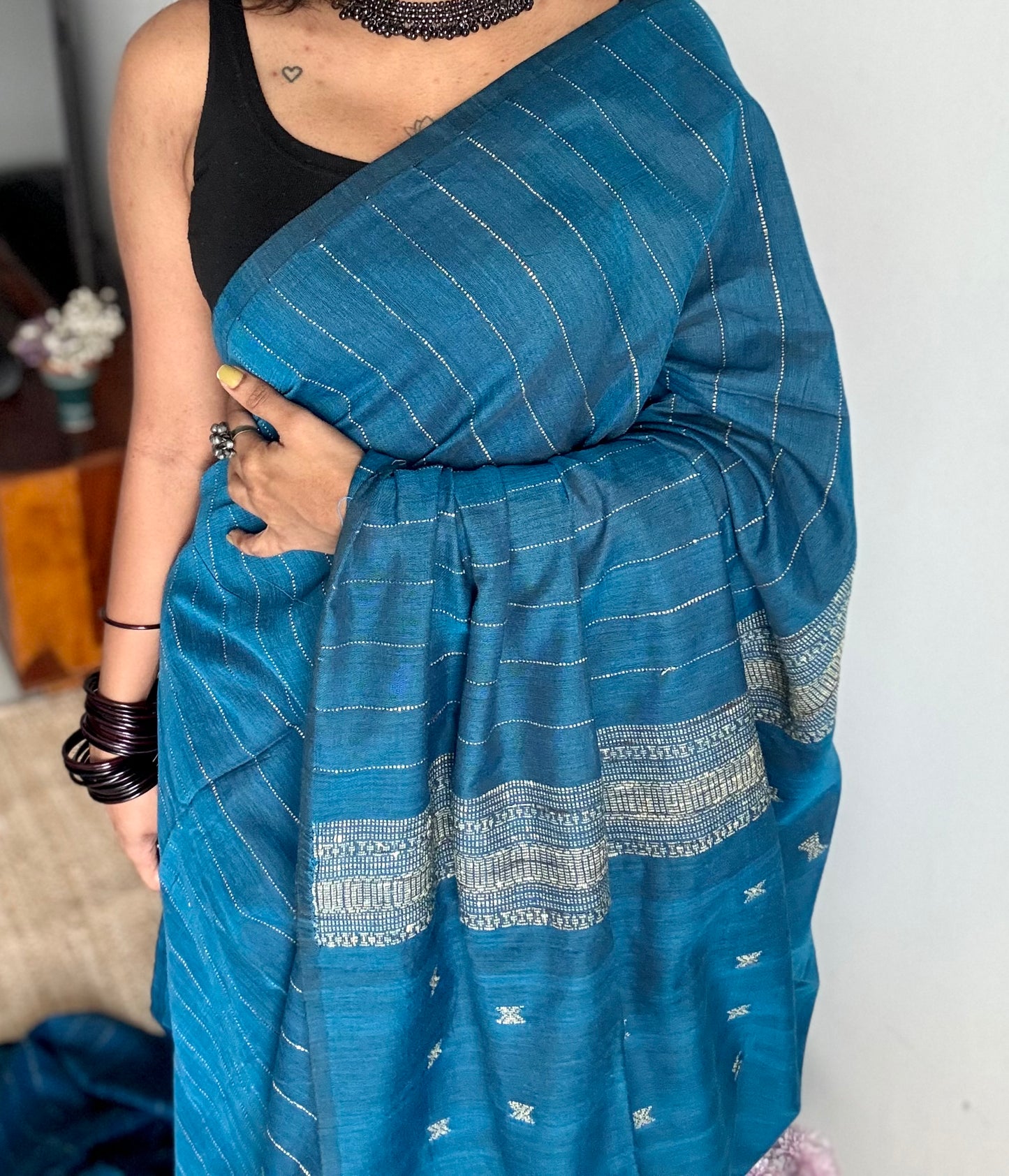 Peacock blue, bhujodi patterned soft khadi cotton saree - YCBCKCDE21