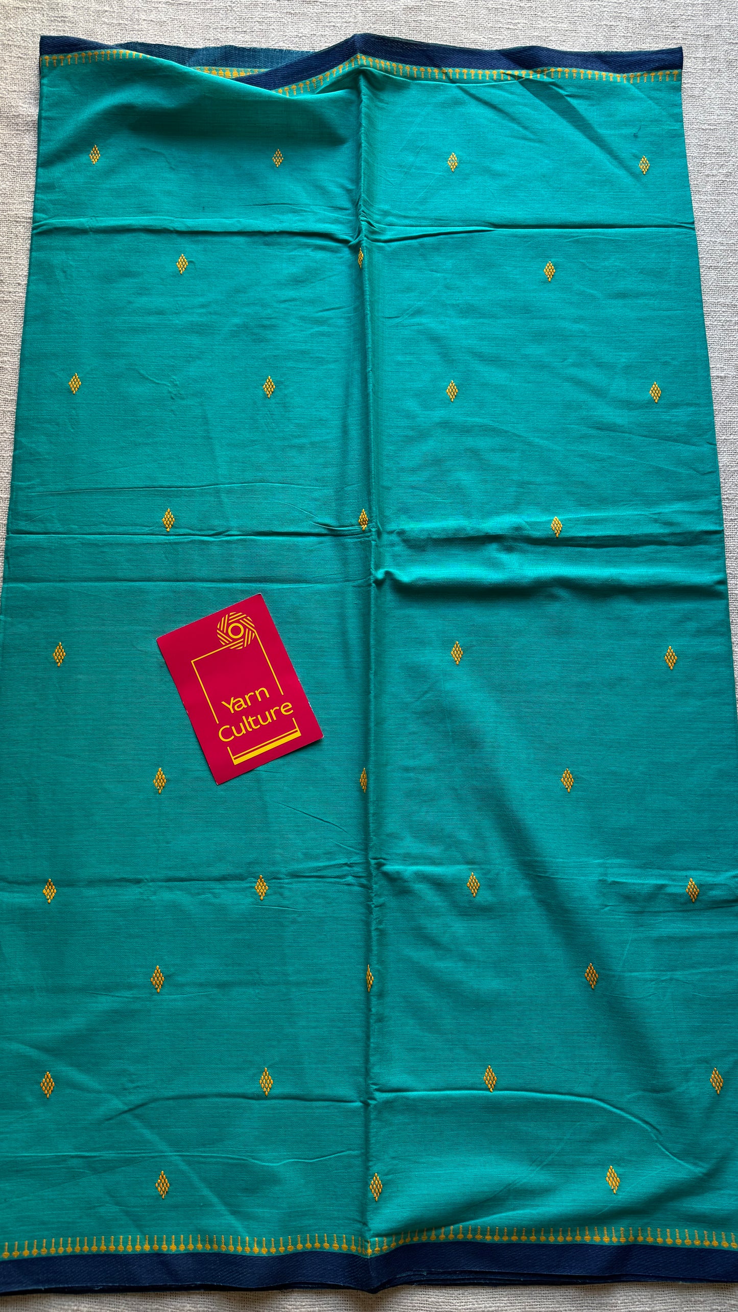 Dhonekhali handloom soft cotton saree, aqua blue with dark blue border and yellow woven buttas - YCBCDFE250