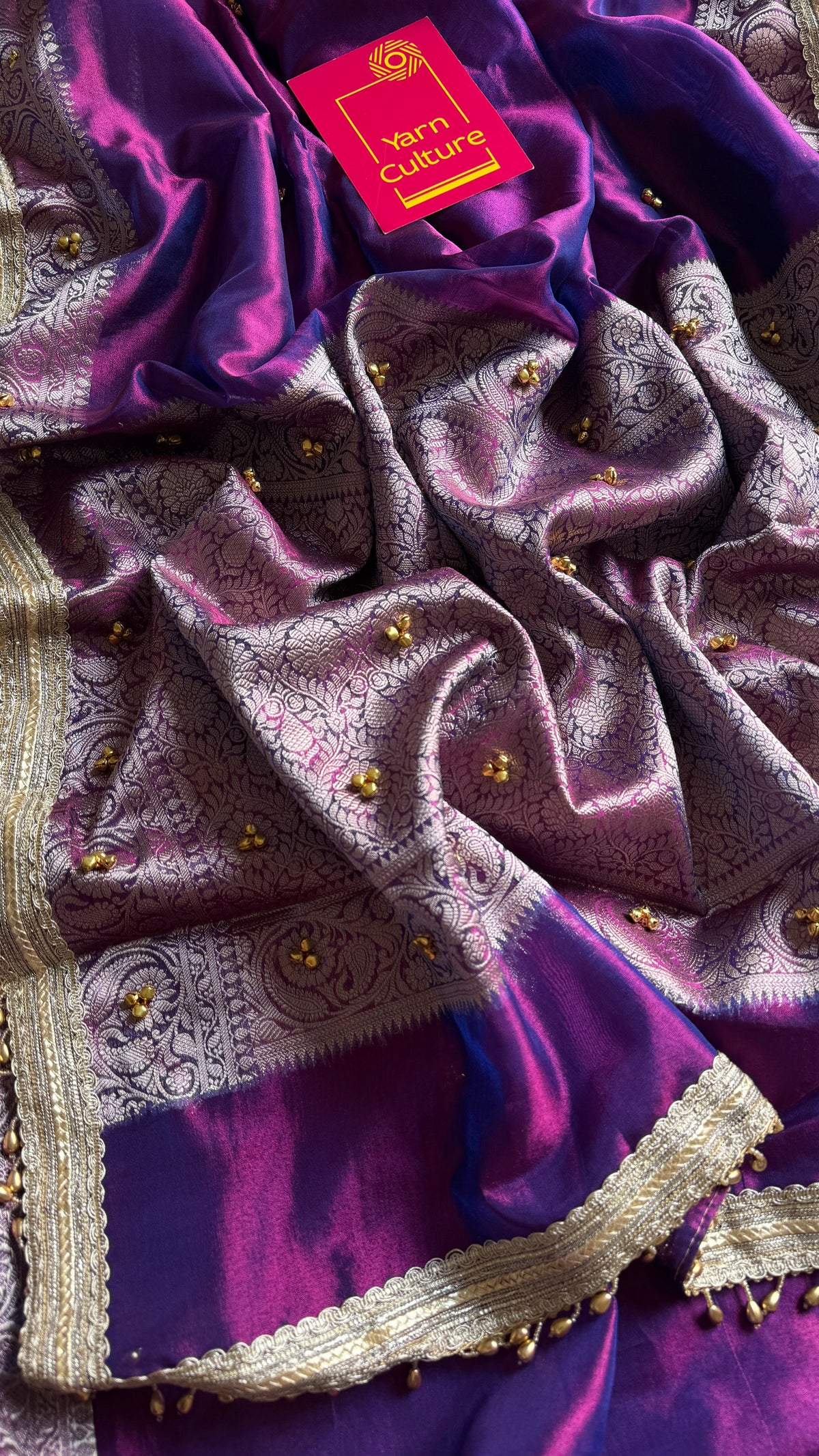 Purple gold tissue Banarasi saree with ghungroo embellishments and beaded lace border - YCBLTOC67