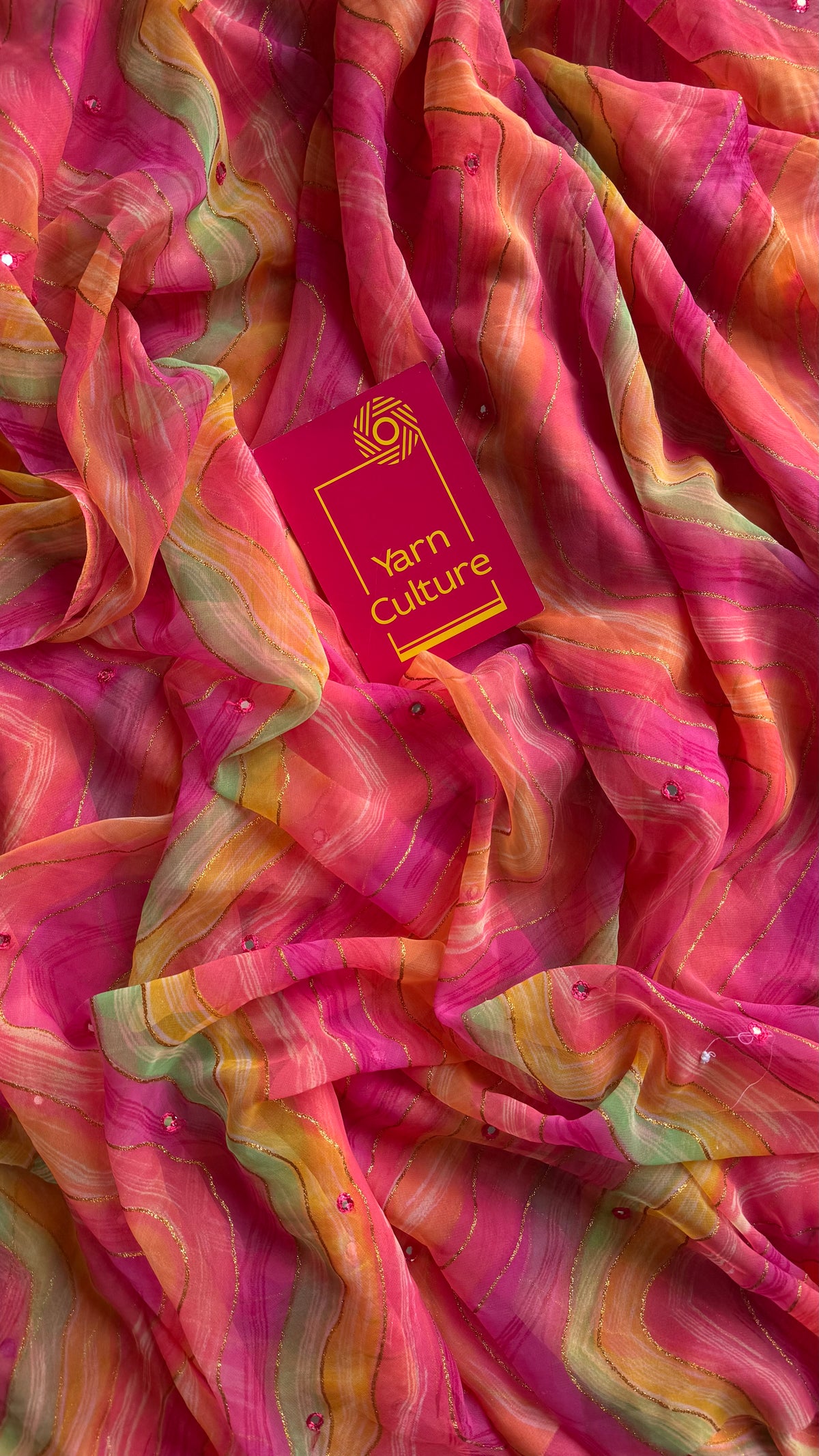 Pink multicoloured leheriya chiffon saree with mirror work  - YCTORLOC98