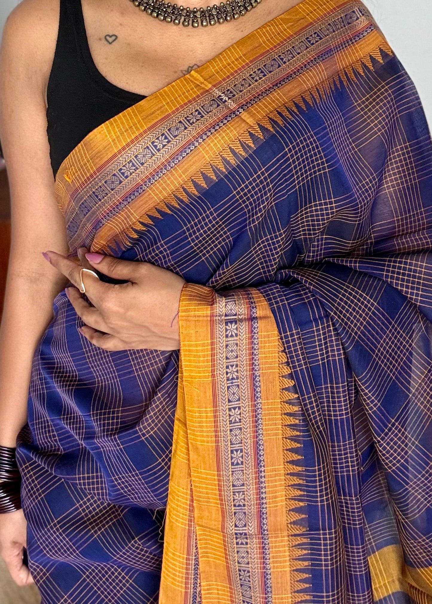 Dark blue checks with yellow border, handloom, soft cotton - YCLOKC219