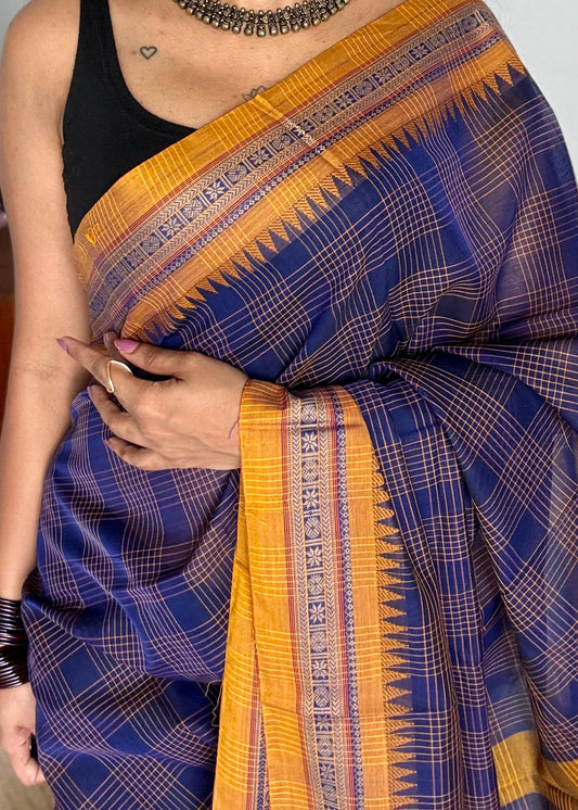 Dark blue checks with yellow border, handloom, soft cotton - YCLOKC219