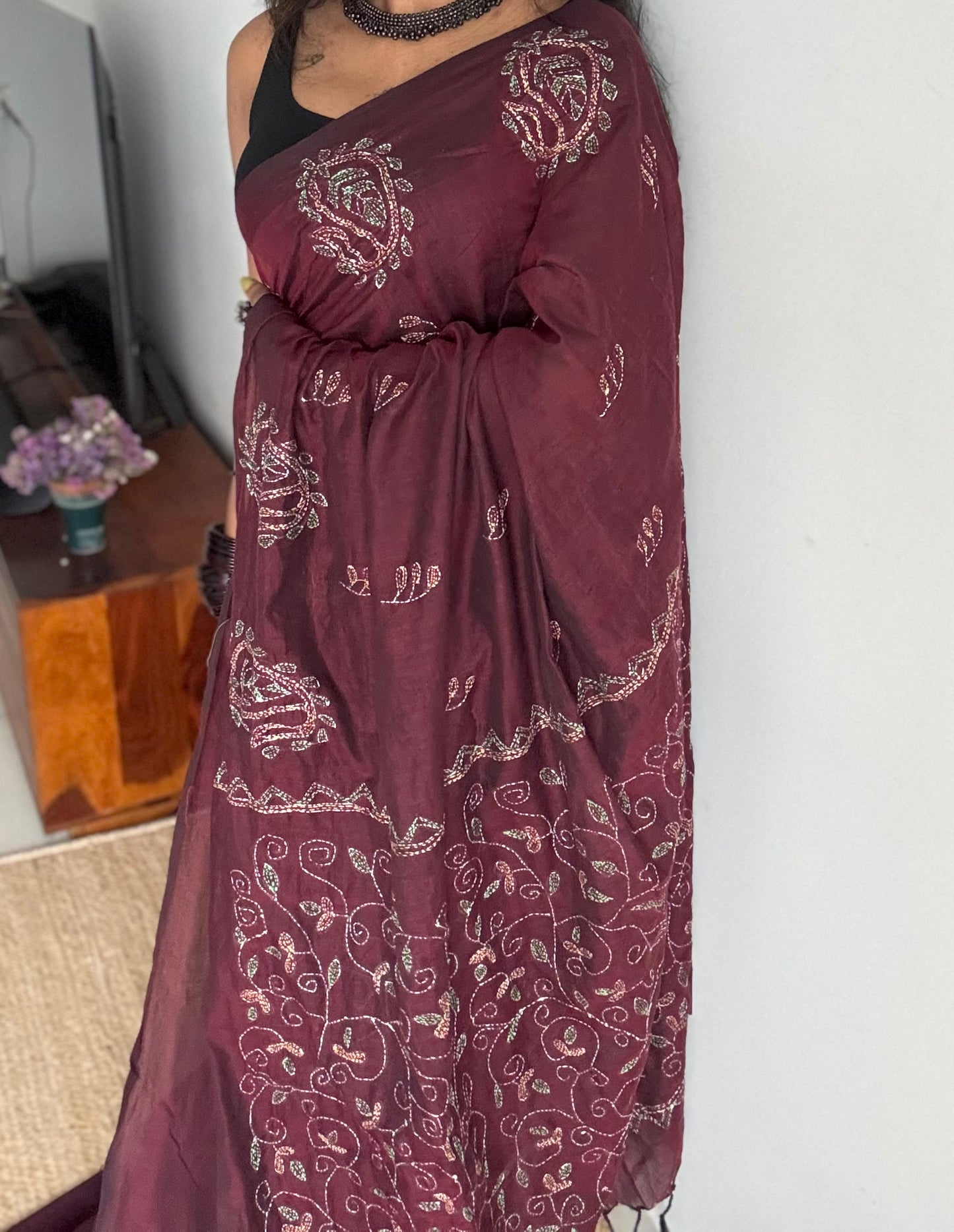 Embroidered maroon kantha weave in soft cotton - YCBCKKJA147