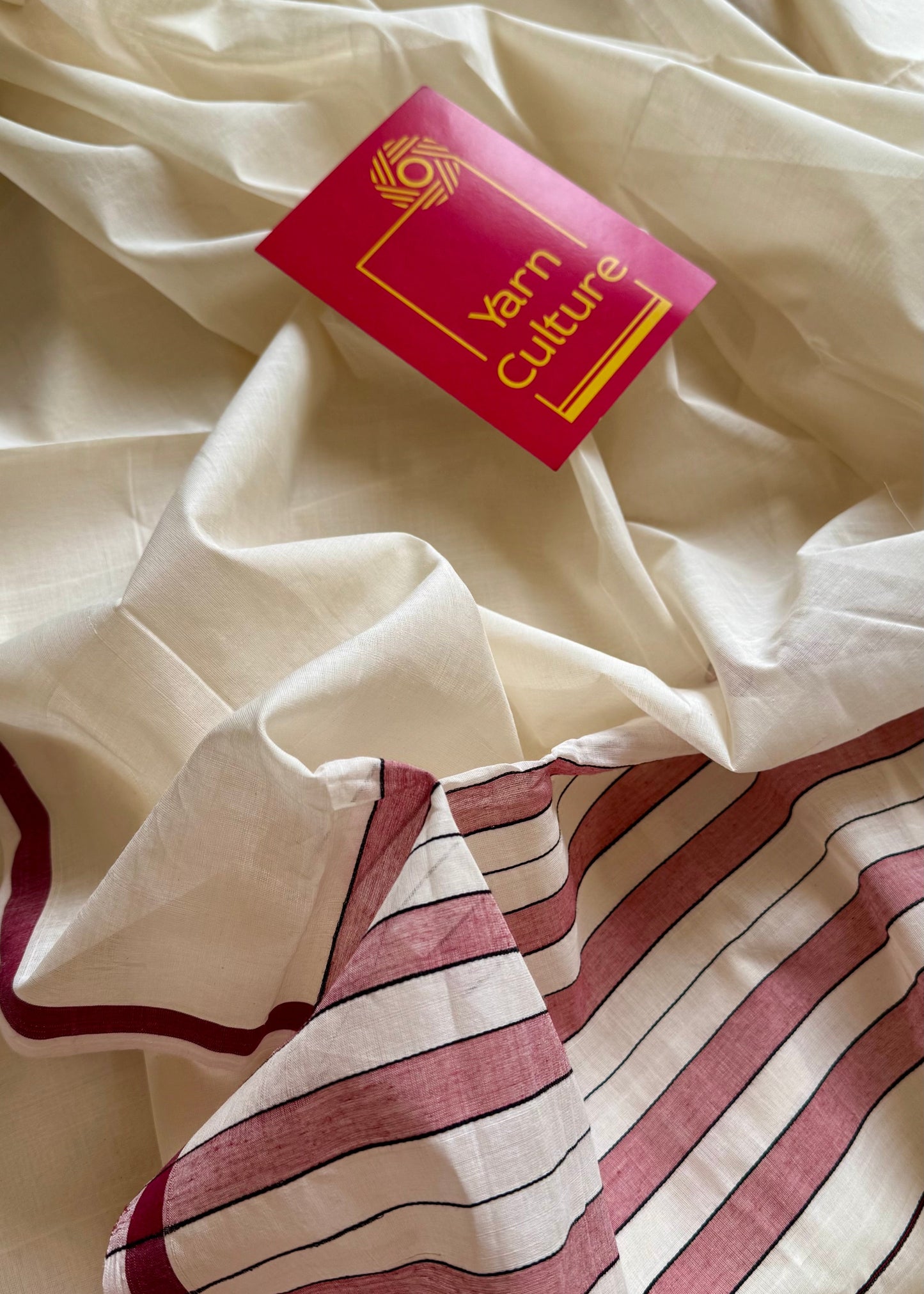 Handloom, woven in Chendamangalam Looms, ivory with maroon border, soft cotton saree - YCIEON151