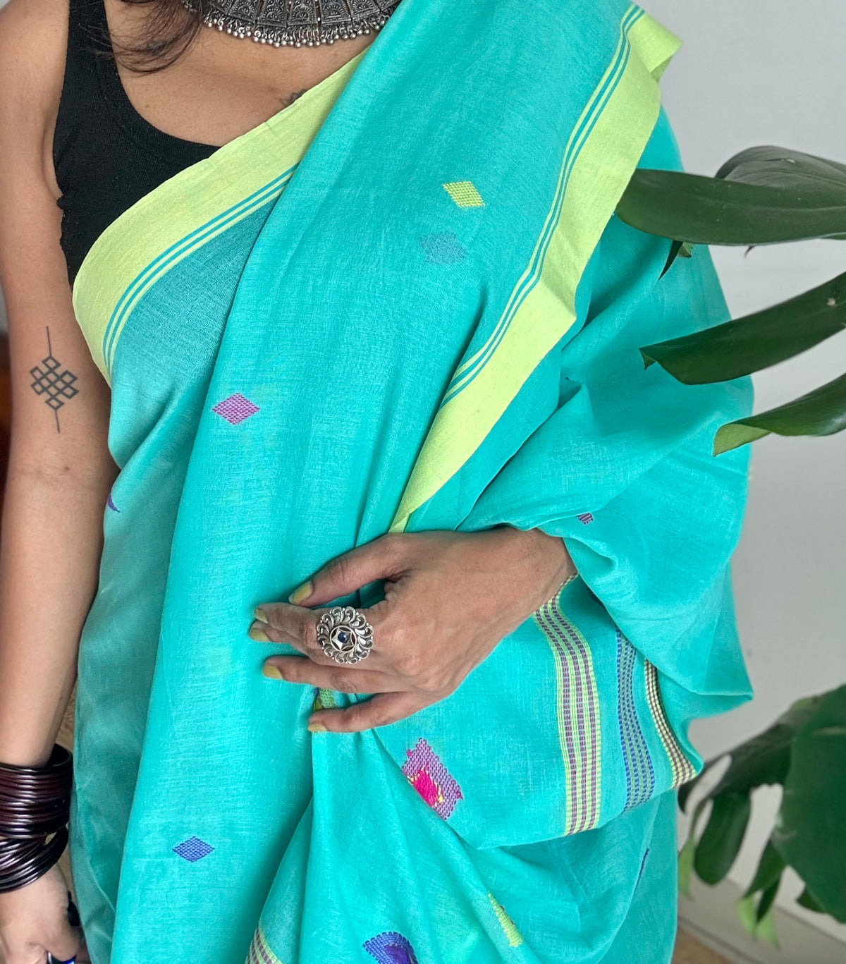 Handloom Bengal soft cotton saree, turquoise with woven buttas and lime green borders - YCBCMCSE38