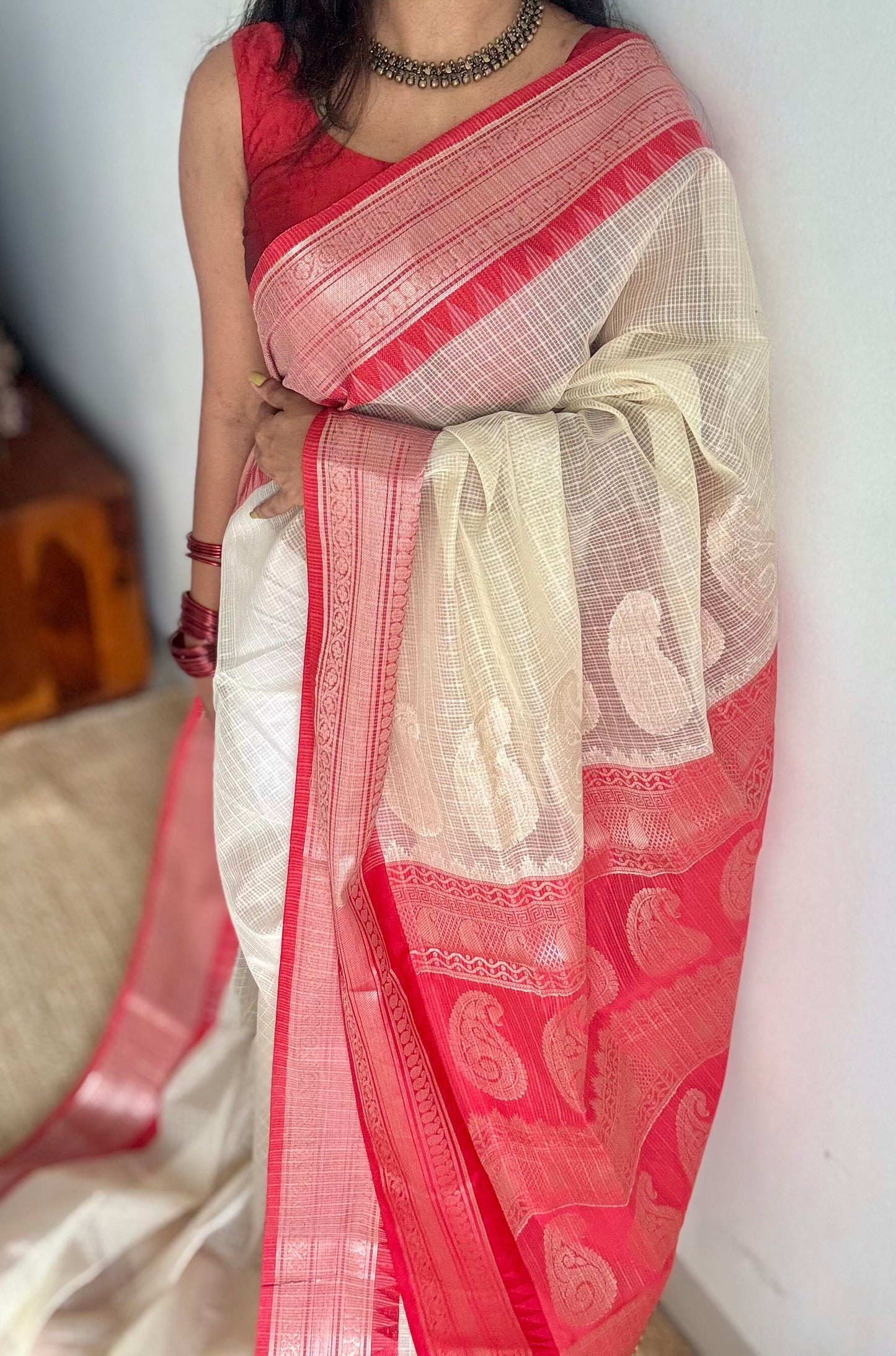 Cream with red contrast borders, kota doria with zari - YCBCDP15