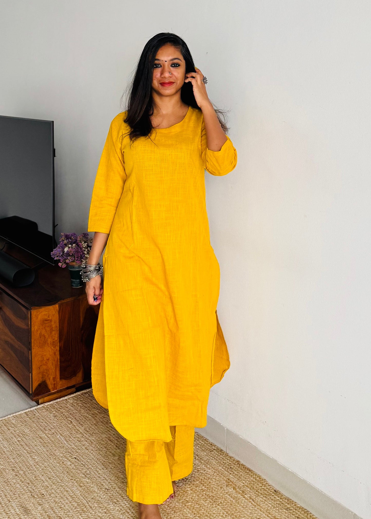 Yellow cotton round-neck stitched kurta co-ord set, three-fourth sleeves - YCSEBPSFE249
