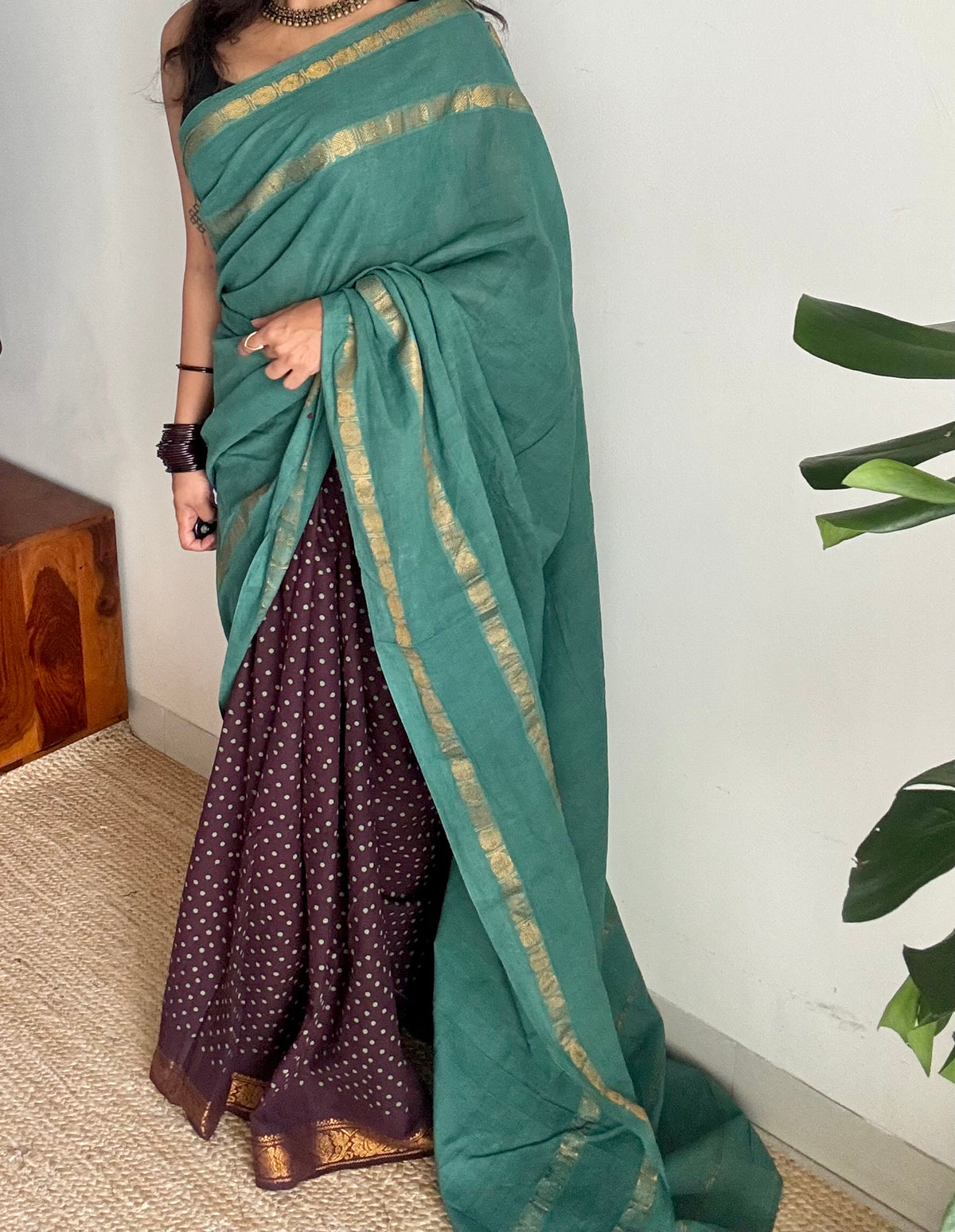 Mint green with brown, sungudi cotton half-half saree - YCCOTNIDOC15