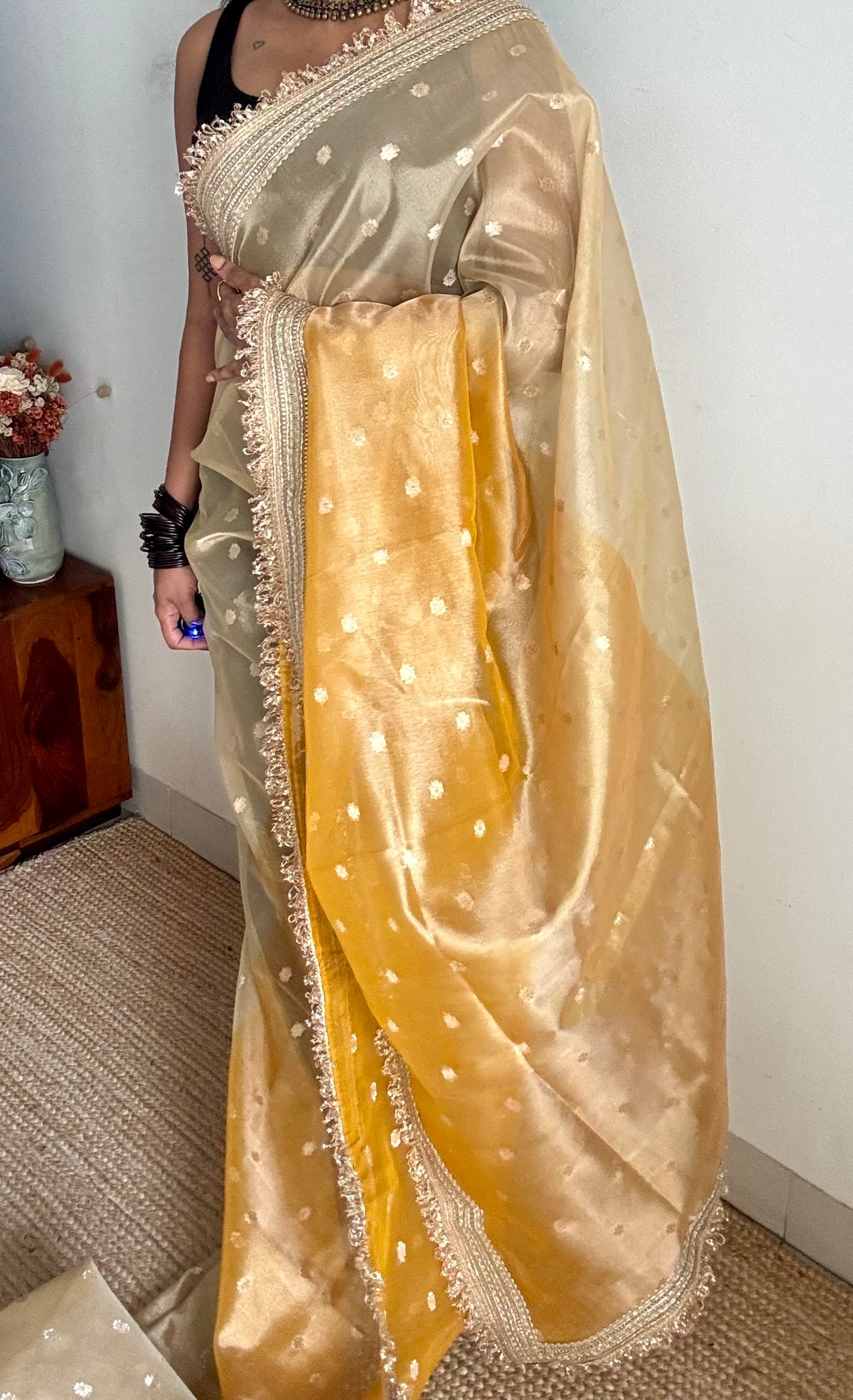 Light gold and dark gold Banarasi tissue saree, with buttas and embellished lace border - YCBLTOC65