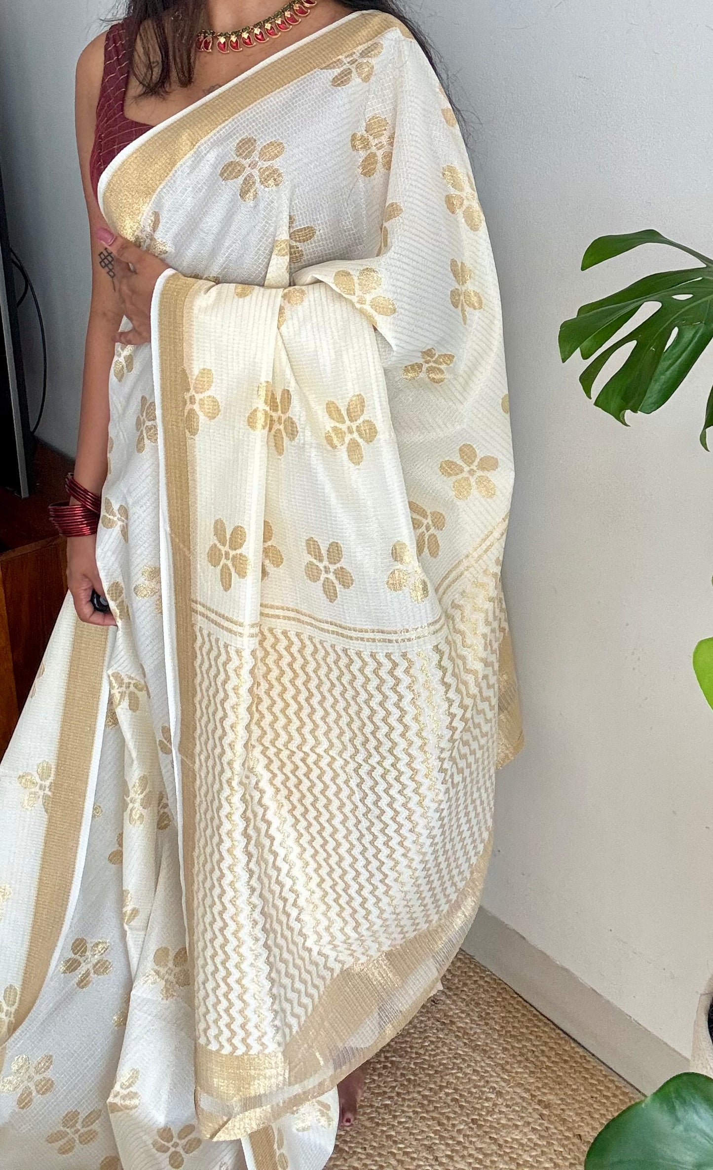 Ivory and gold soft net cotton saree, gold floral prints - YCIEON64