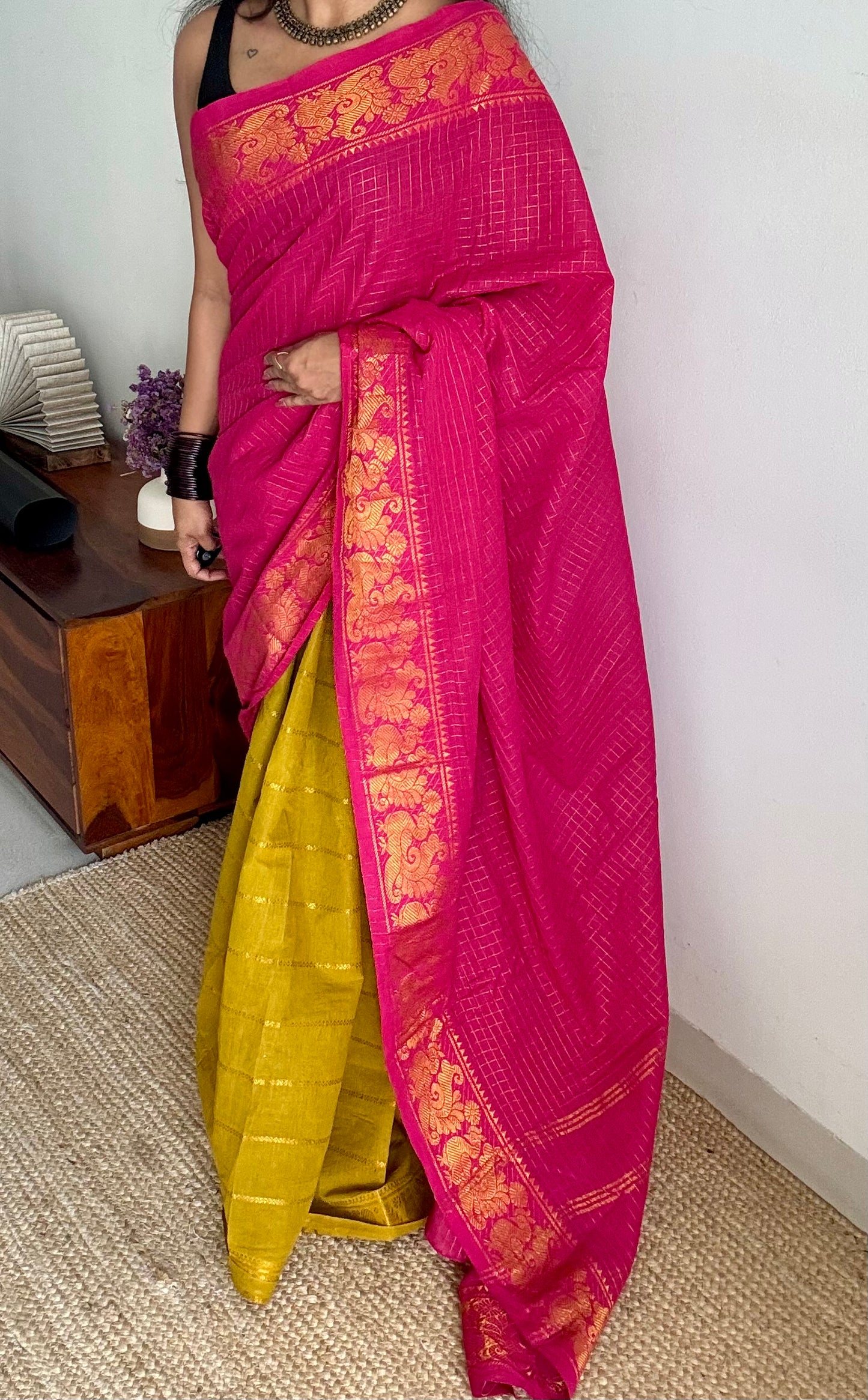 Hot pink with lime green, sungudi cotton half-half saree - YCCOTNIDMA290