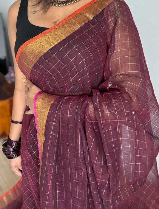 Brown linen by cotton saree, gold checks & copper zari pallu - YCBCLCFE394