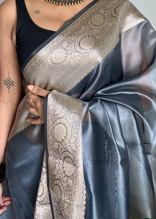 Grey tissue Banarasi saree with zari border - YCBLTOC91