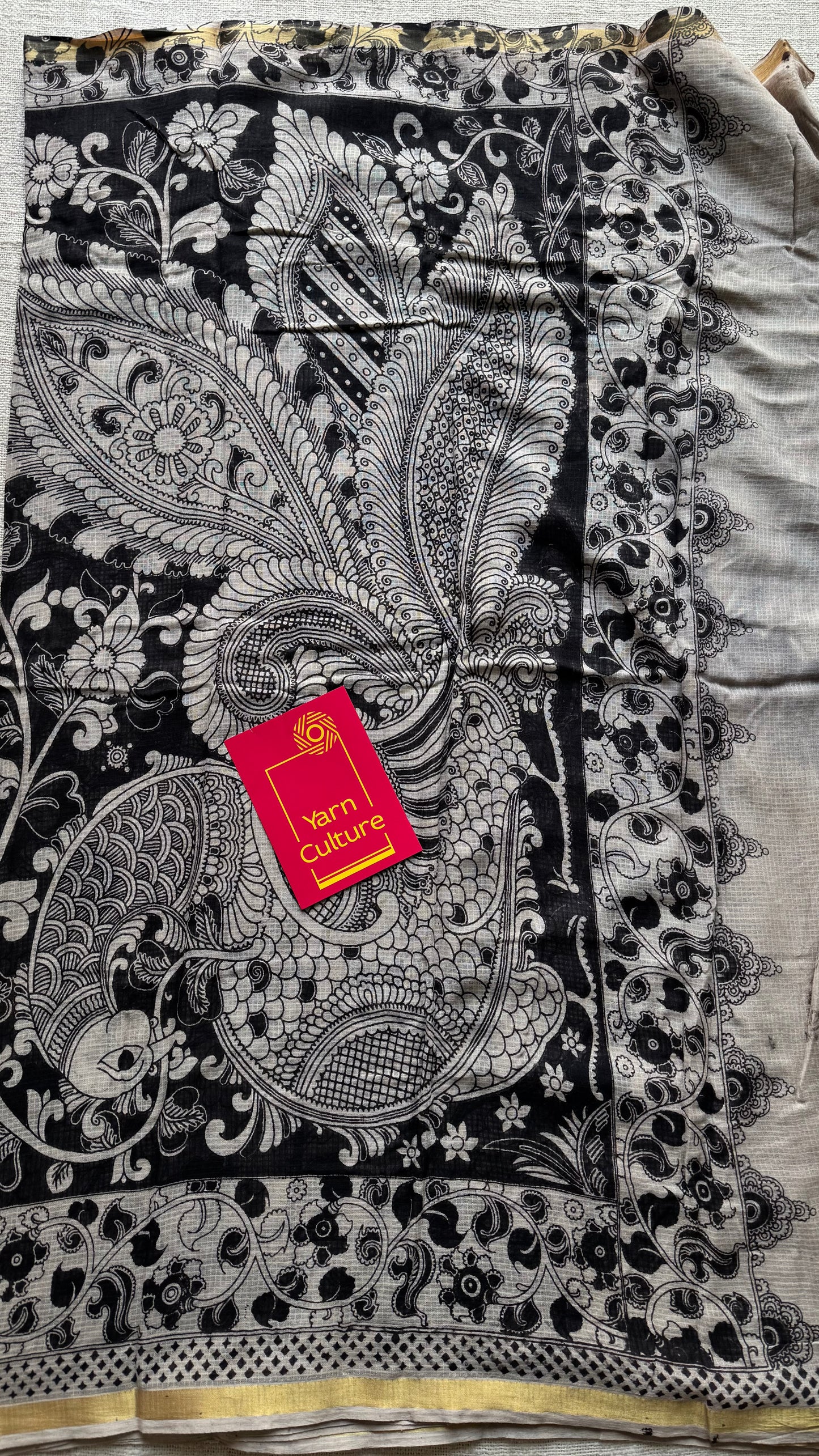 Black cream kalamkari saree in kota, with zari border - YCWOTDKKFE15