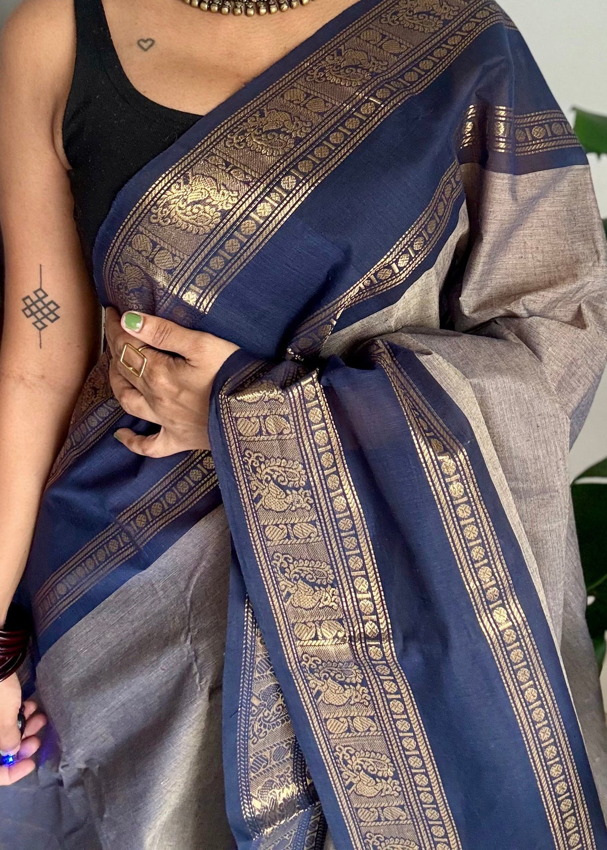 Grey with dark blue gap zari border, kanchi cotton saree - YCCOTNCCOC116