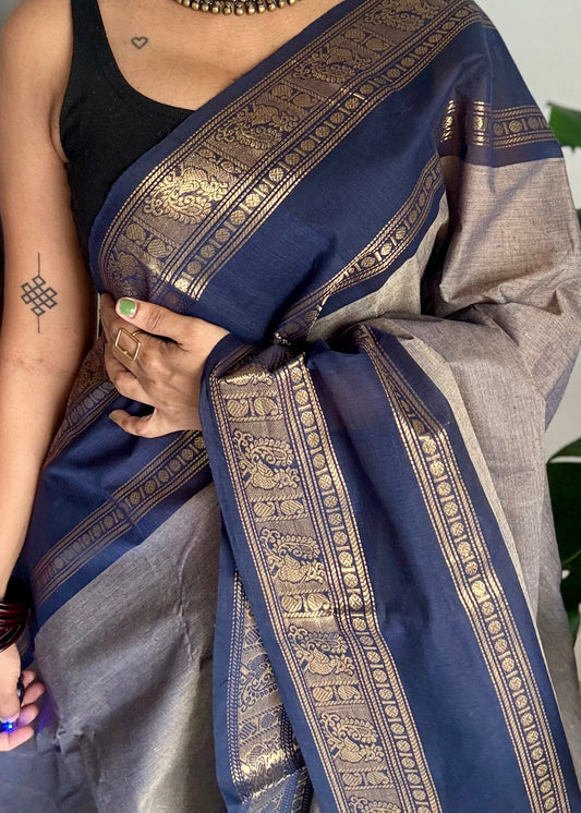 Grey with dark blue gap zari border, kanchi cotton saree - YCCOTNCCOC116