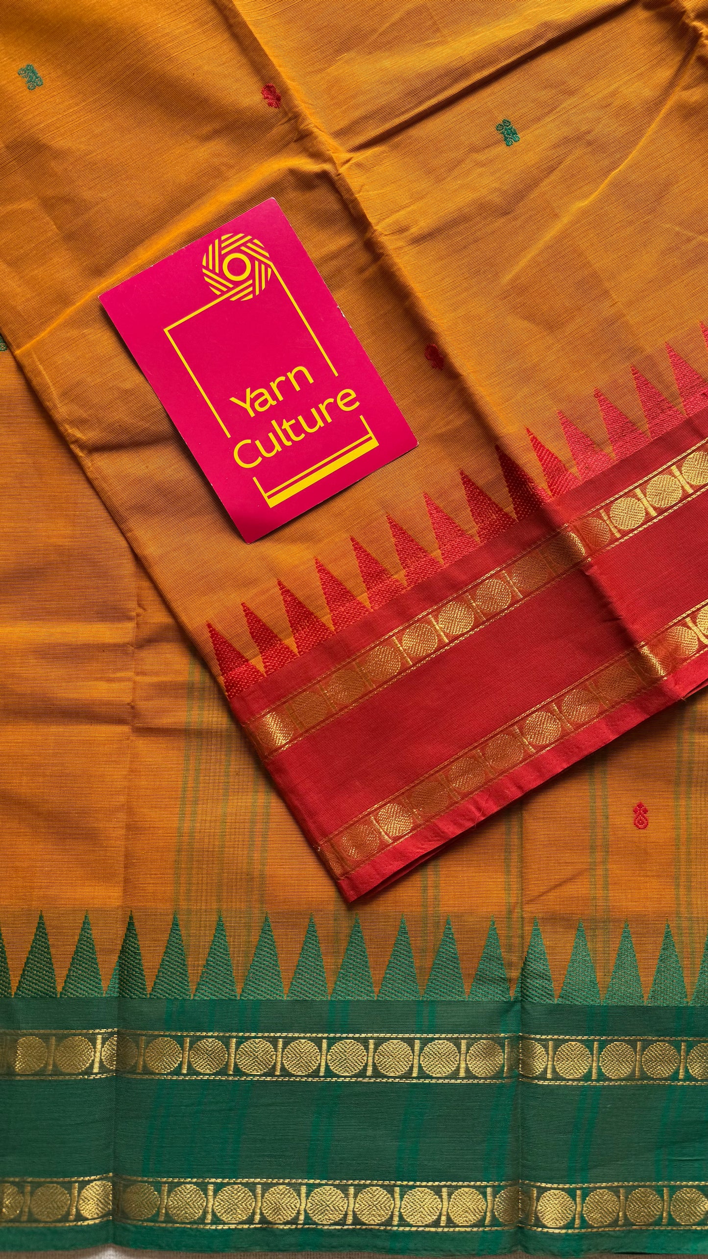Kanchi cotton saree, orange with red and green dual border - YCCOTNAP100