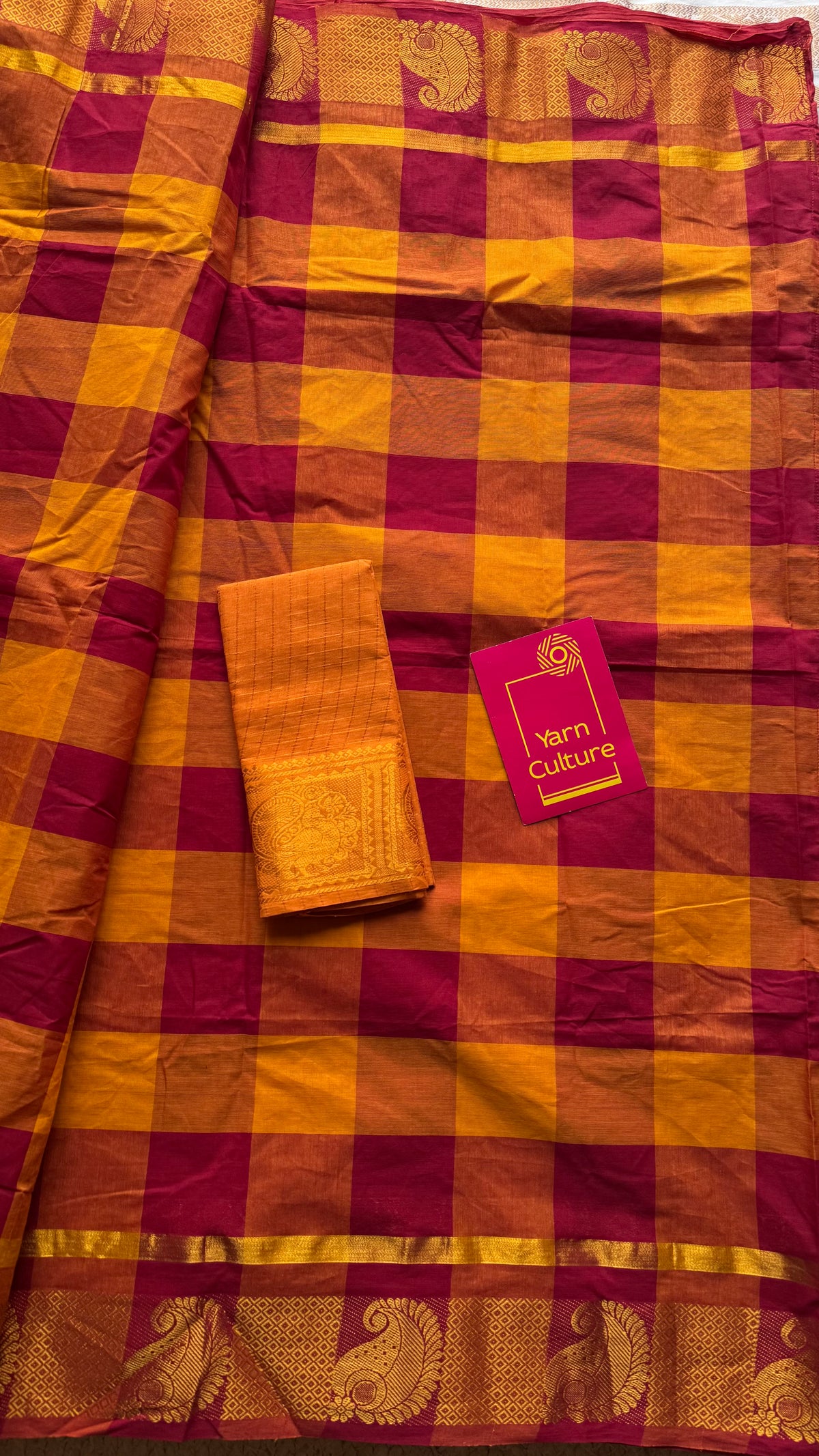 Chilli red with multicoloured checks, sungudi and chettinad cotton half and half saree - YCCOTNIDOC142