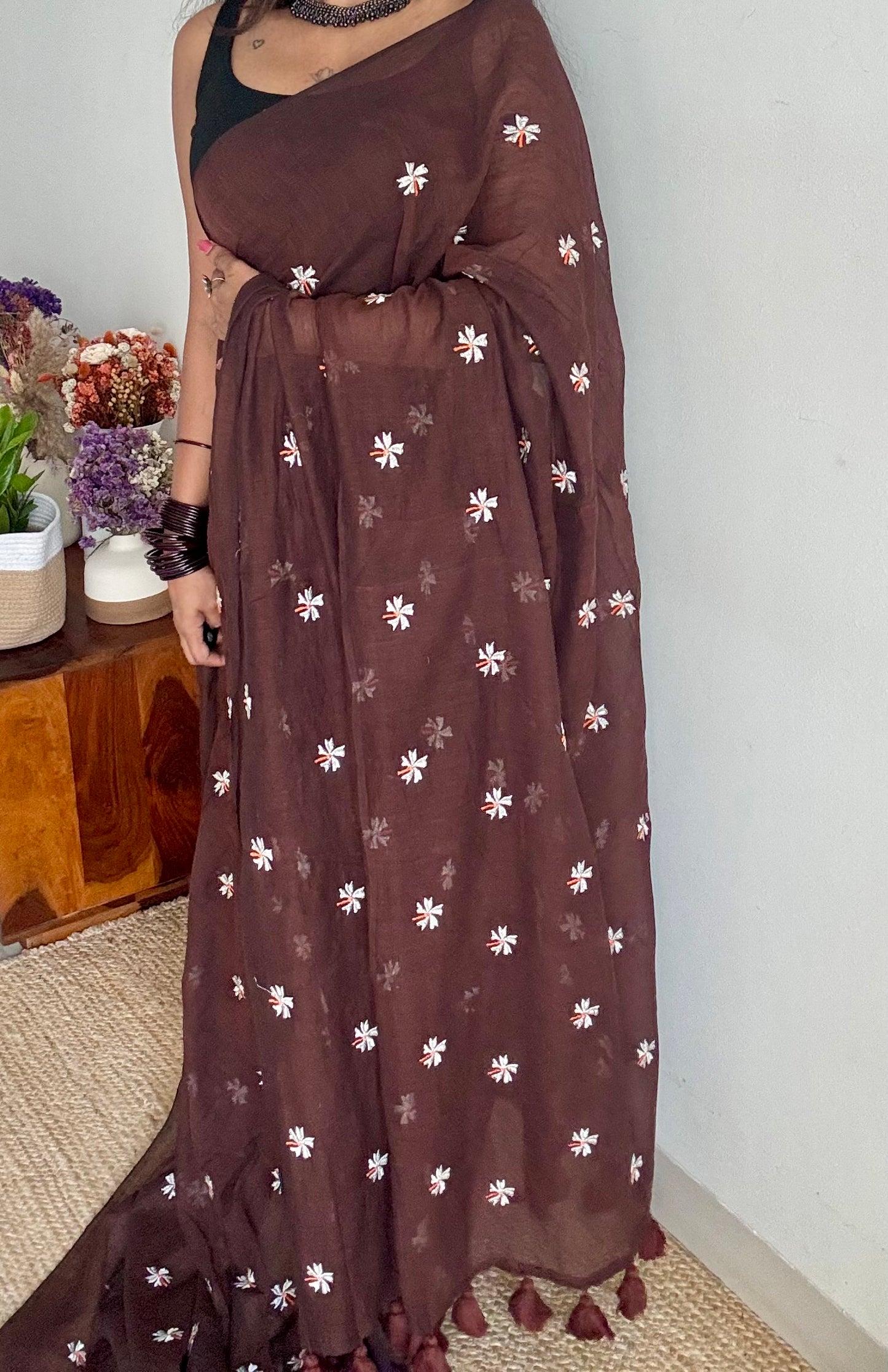 Brown parijat mul cotton saree  - YCBCMCAP34