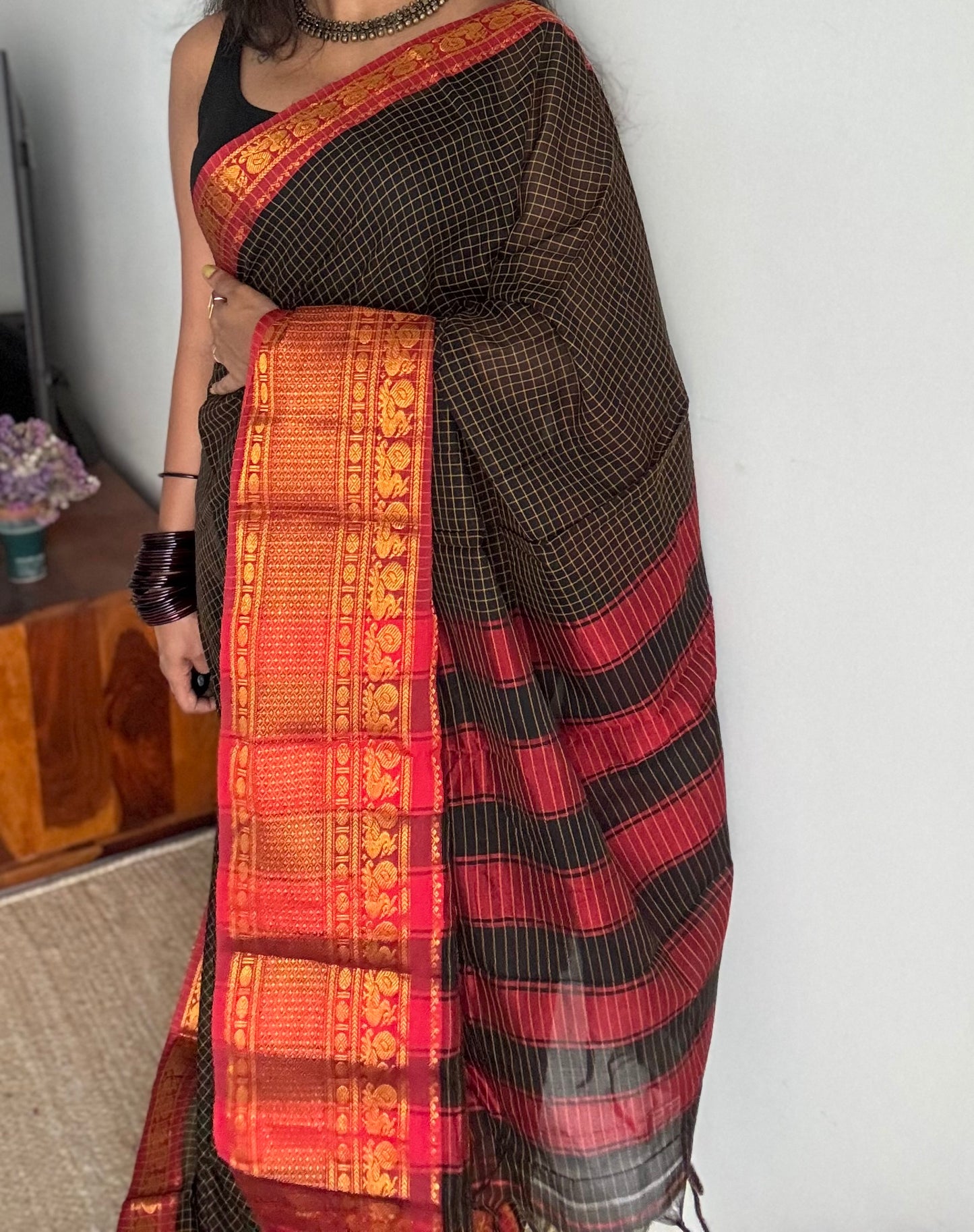 Black checks with red zari border, premium narayanpet, soft cotton - YCWOTDNPCFE20