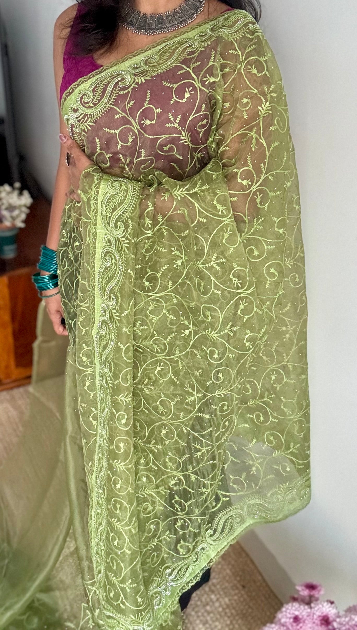 Olive Confetti - green organza, with theadwork and sequins - YCDOSNO32