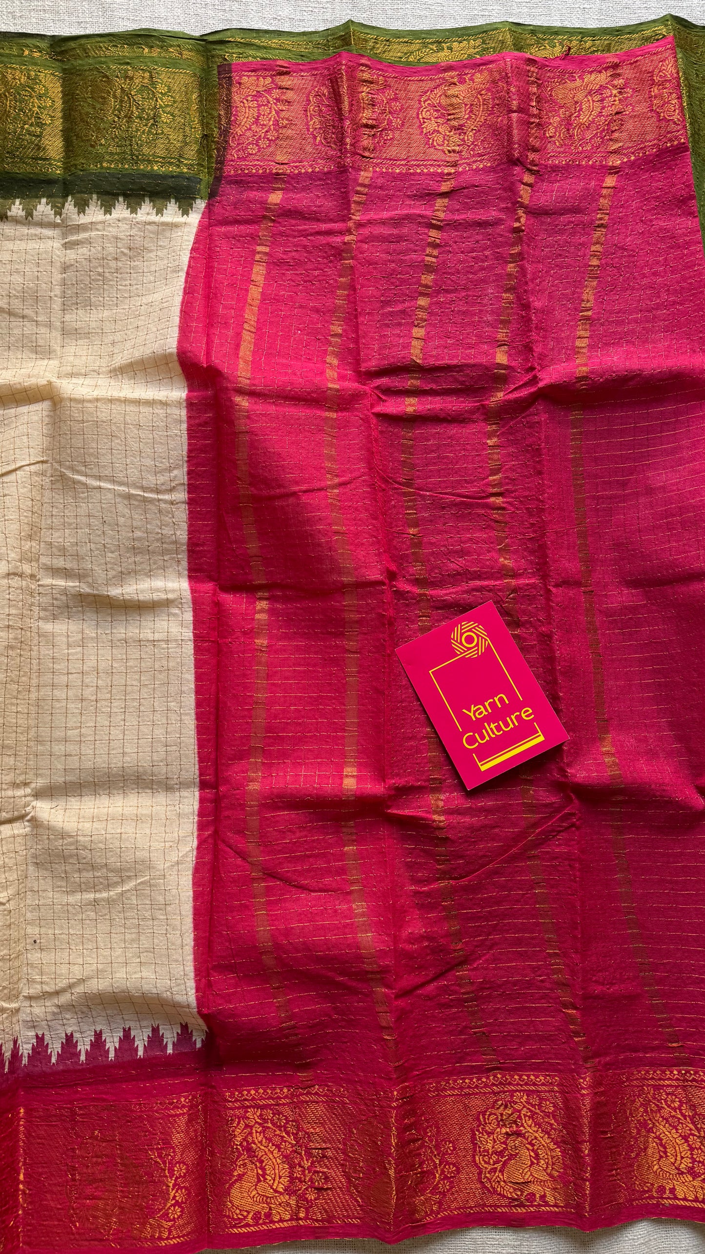 Sungudi cotton checks, ivory gold base, green and red dual tone border, soft cotton - YCCOTNGJJA176