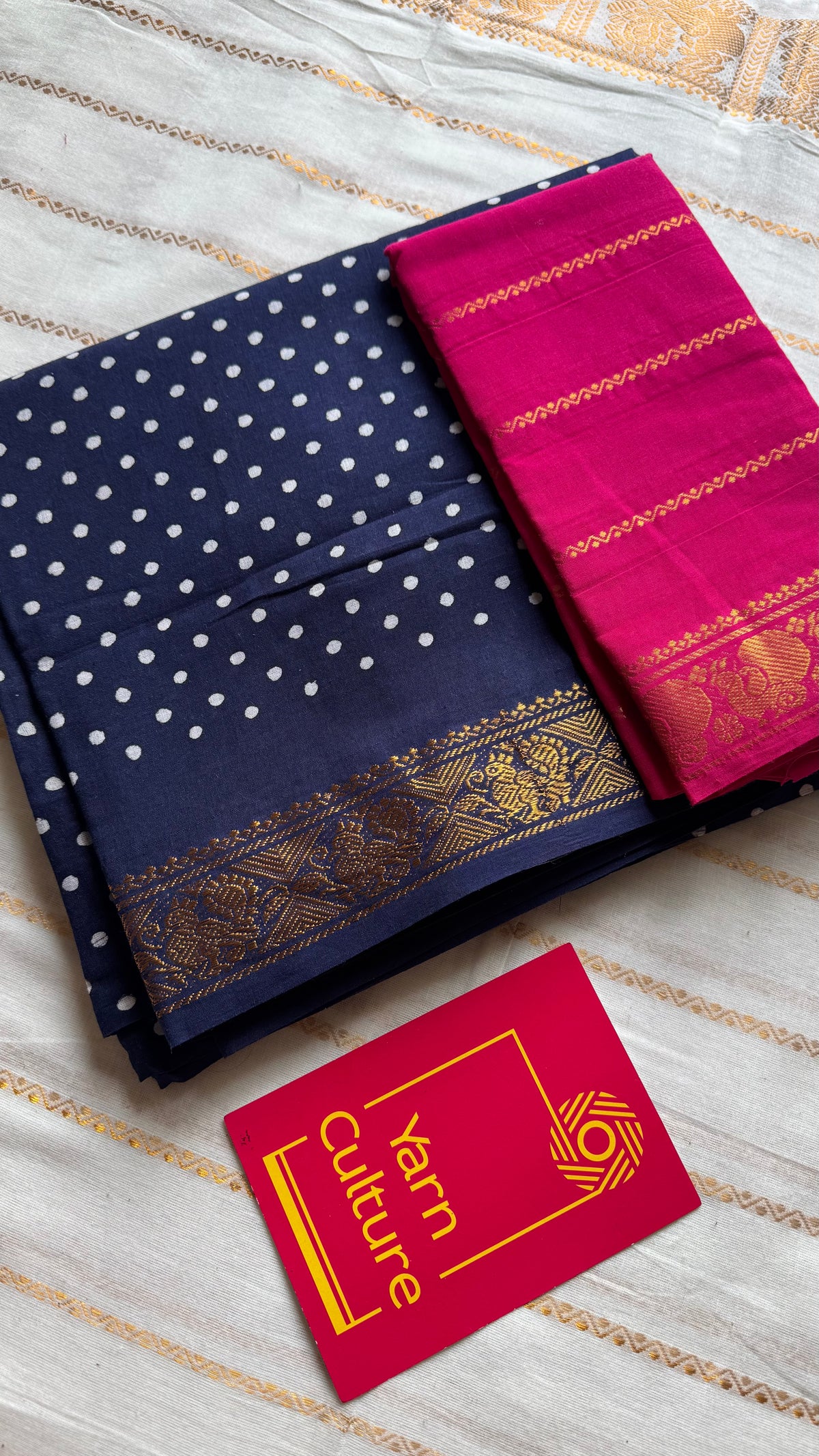 Dark blue sungudi dotted, single-side border, kattuchayam dyed madurai cotton saree - YCCOTNMSSE02