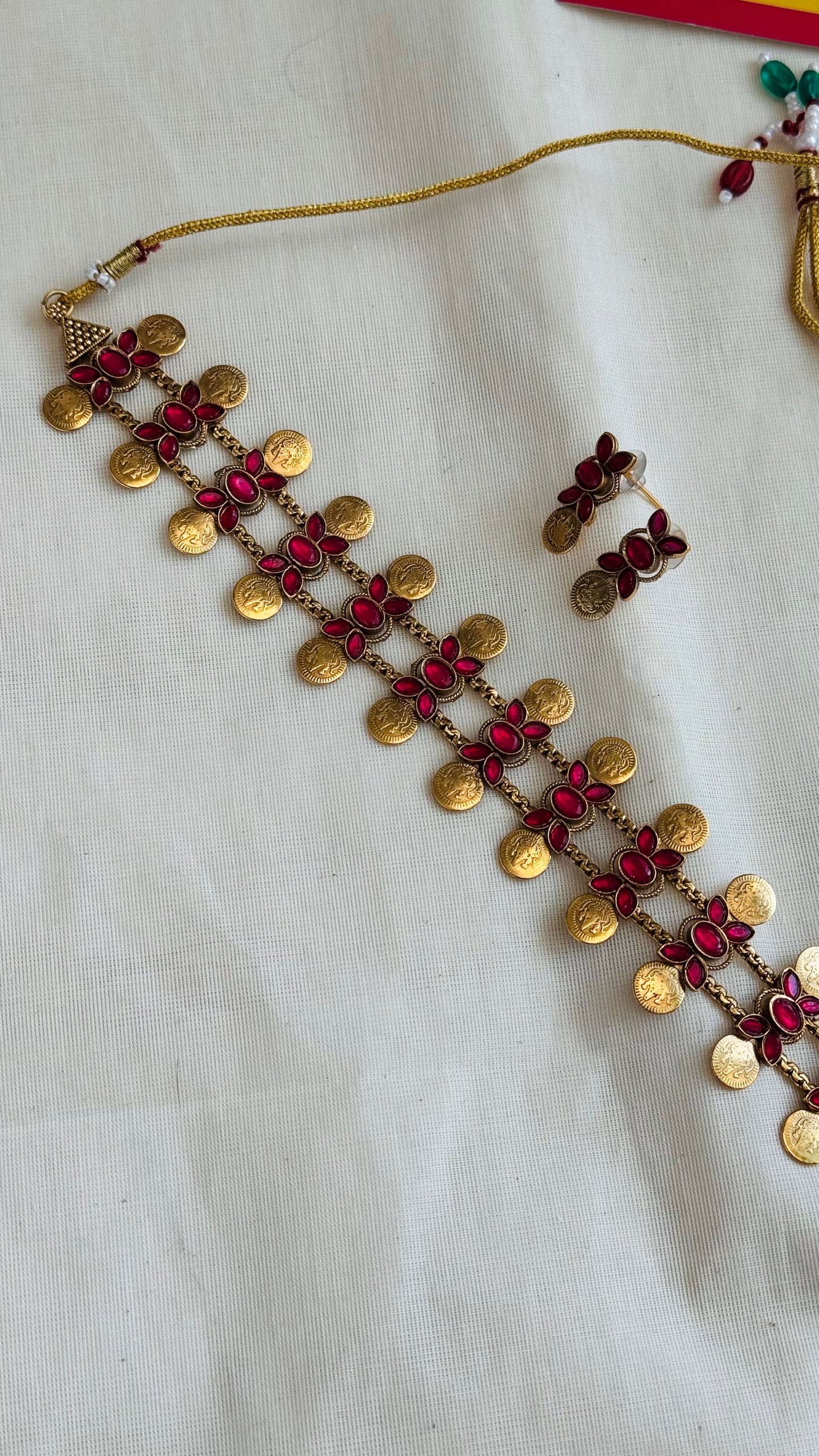 Triple layer coin floral neckpiece, ruby stones, with earrings - YCGPNP753