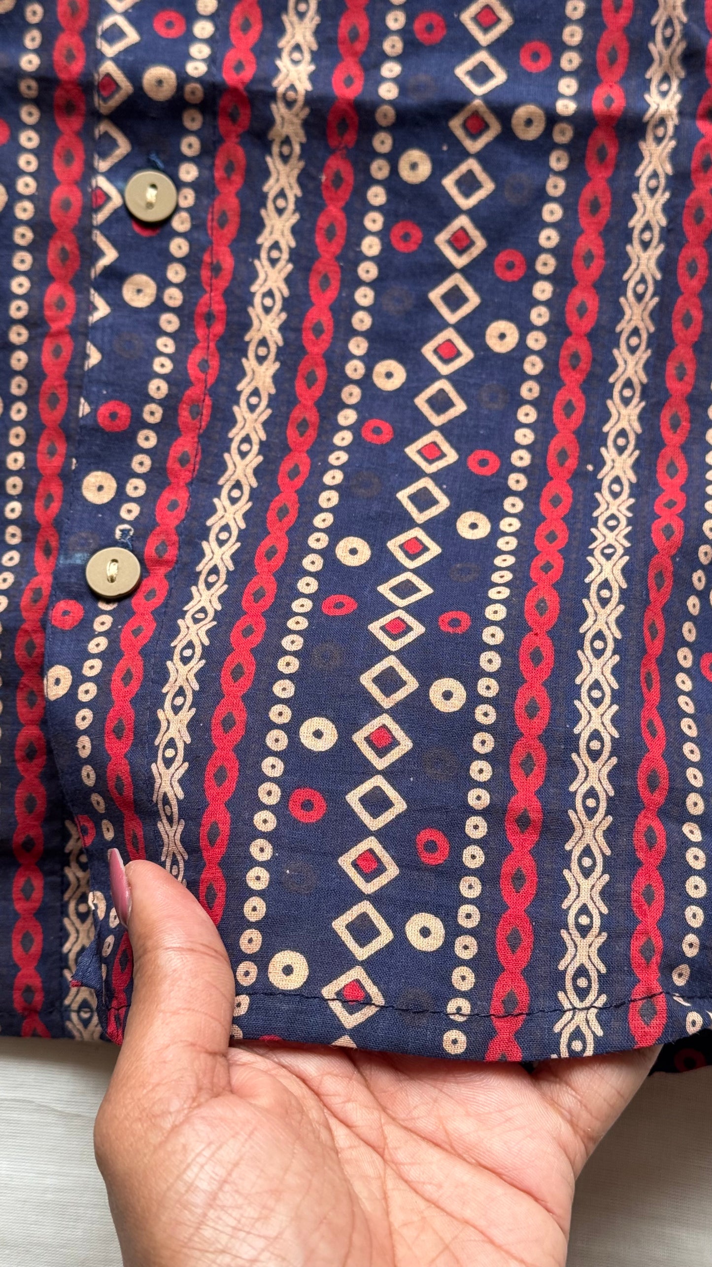 Dark Blue & Red Striped Block Printed Cotton Men's Mandarin Collar Kurta Shirt - YCMSEIE195