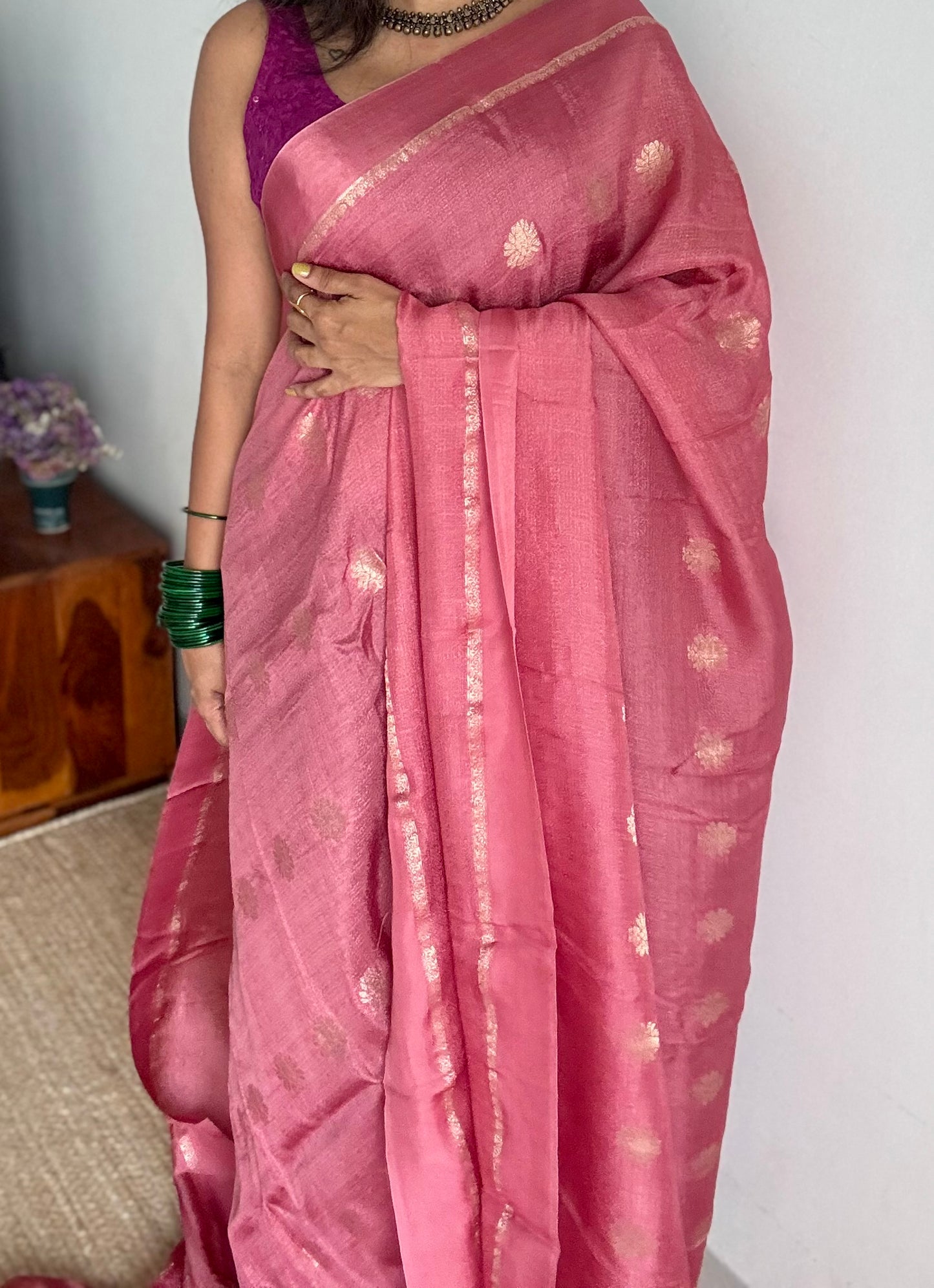 Onion pink in viscose soft silk with satin border, jacquard zari motifs - YCDOSFE199