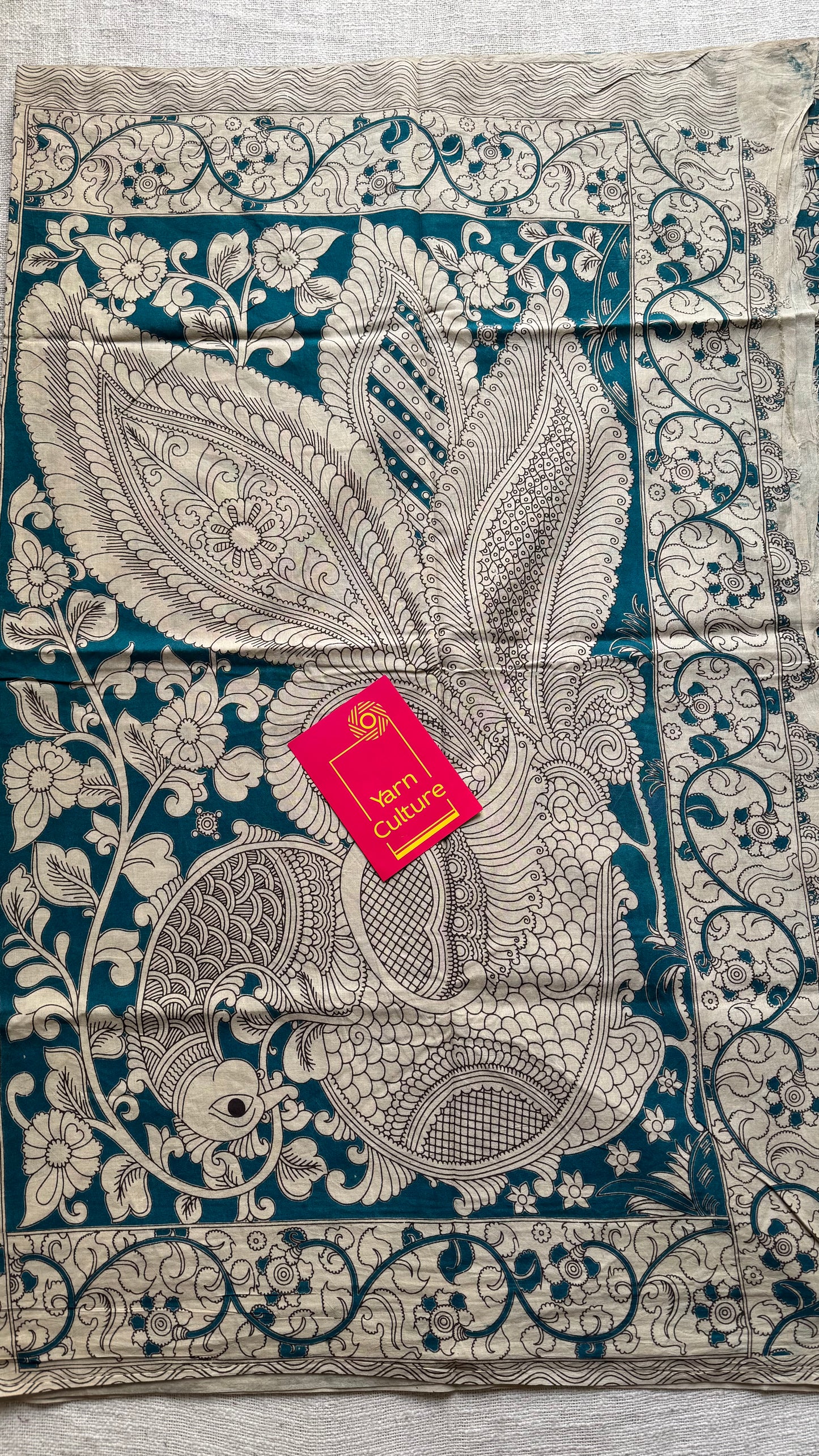 Teal with beige kalamkari, floral vines, soft cotton - YCWOTDOCMP89