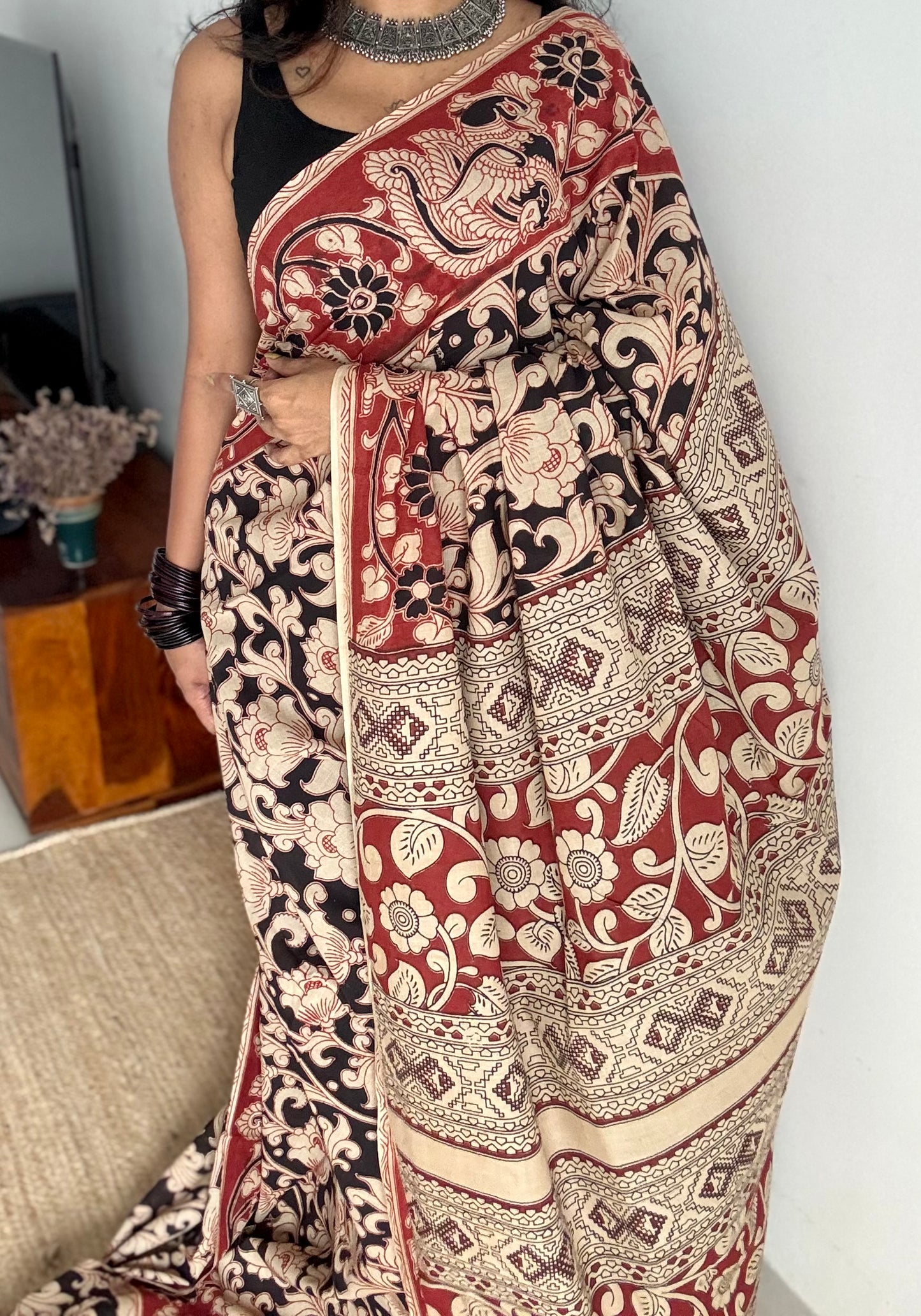 Black with beige and brick red kalamkari, floral vines, soft cotton - YCWOTDOCMP85