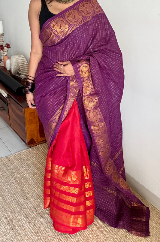 Purple and chilli red, sungudi cotton half-half saree - YCCOTNIDMA308