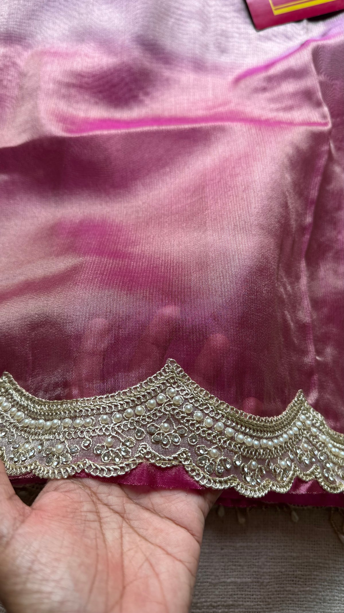 Pink and purple tissue Banarasi saree with embellished pearl lace border - YCBLTOC74