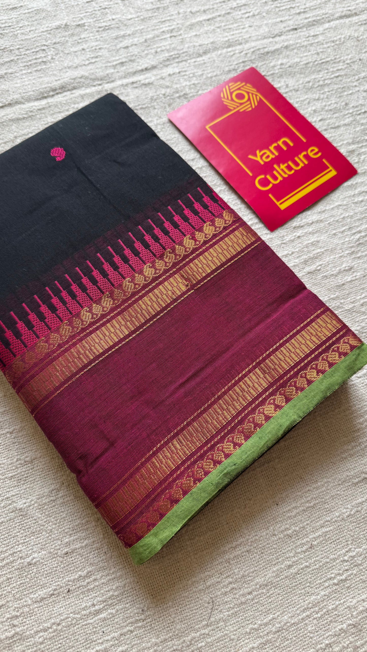 Kanchi cotton saree, black with magenta and pista green border - YCCOTNAP84